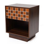 Walnut Side Table Geometric Mosaic Drawer Open Shelf