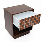 Walnut Side Table Geometric Mosaic Drawer Open Shelf