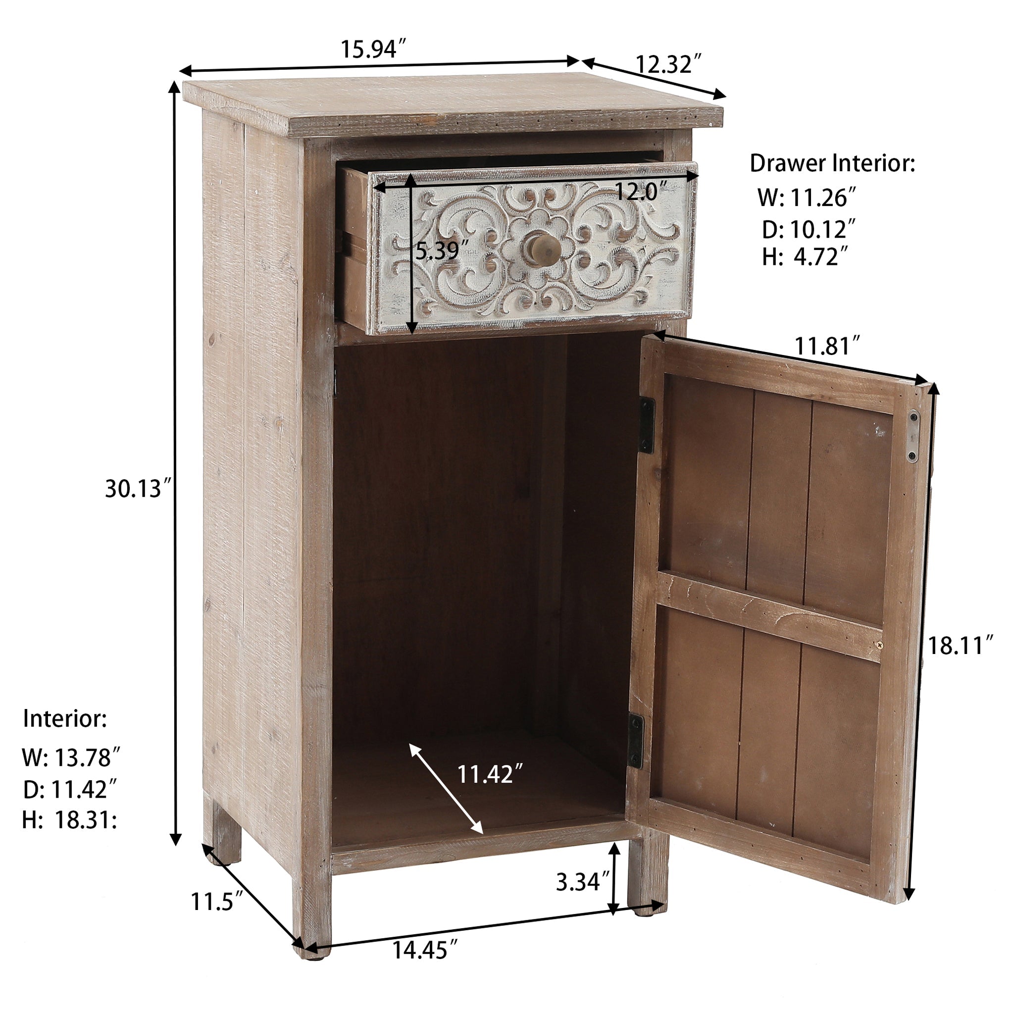 Carved Wood Accent Cabinet, Distressed White, 30"
