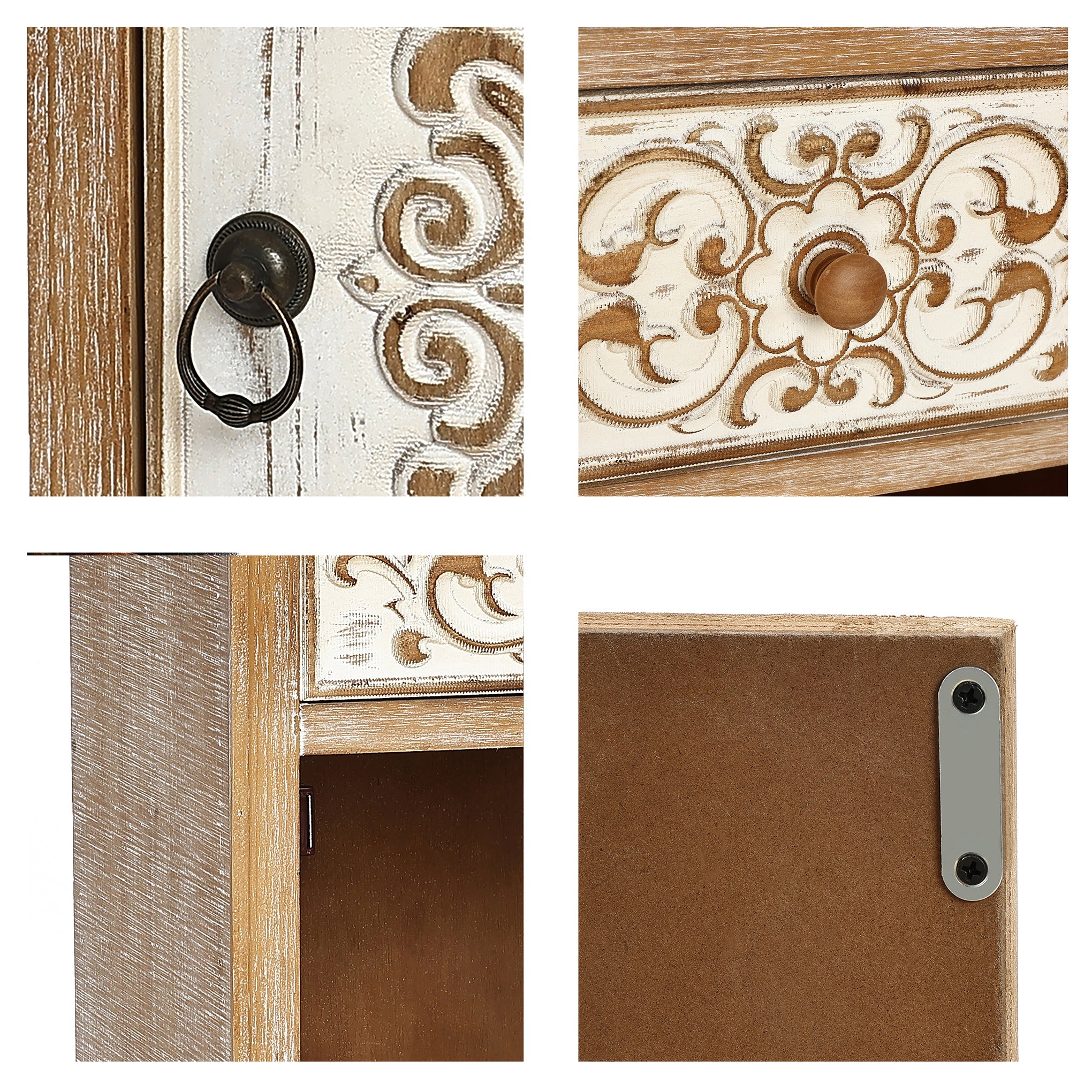 Carved Wood Accent Cabinet, Distressed White, 30"