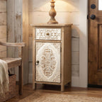 Carved Wood Accent Cabinet, Distressed White, 30"