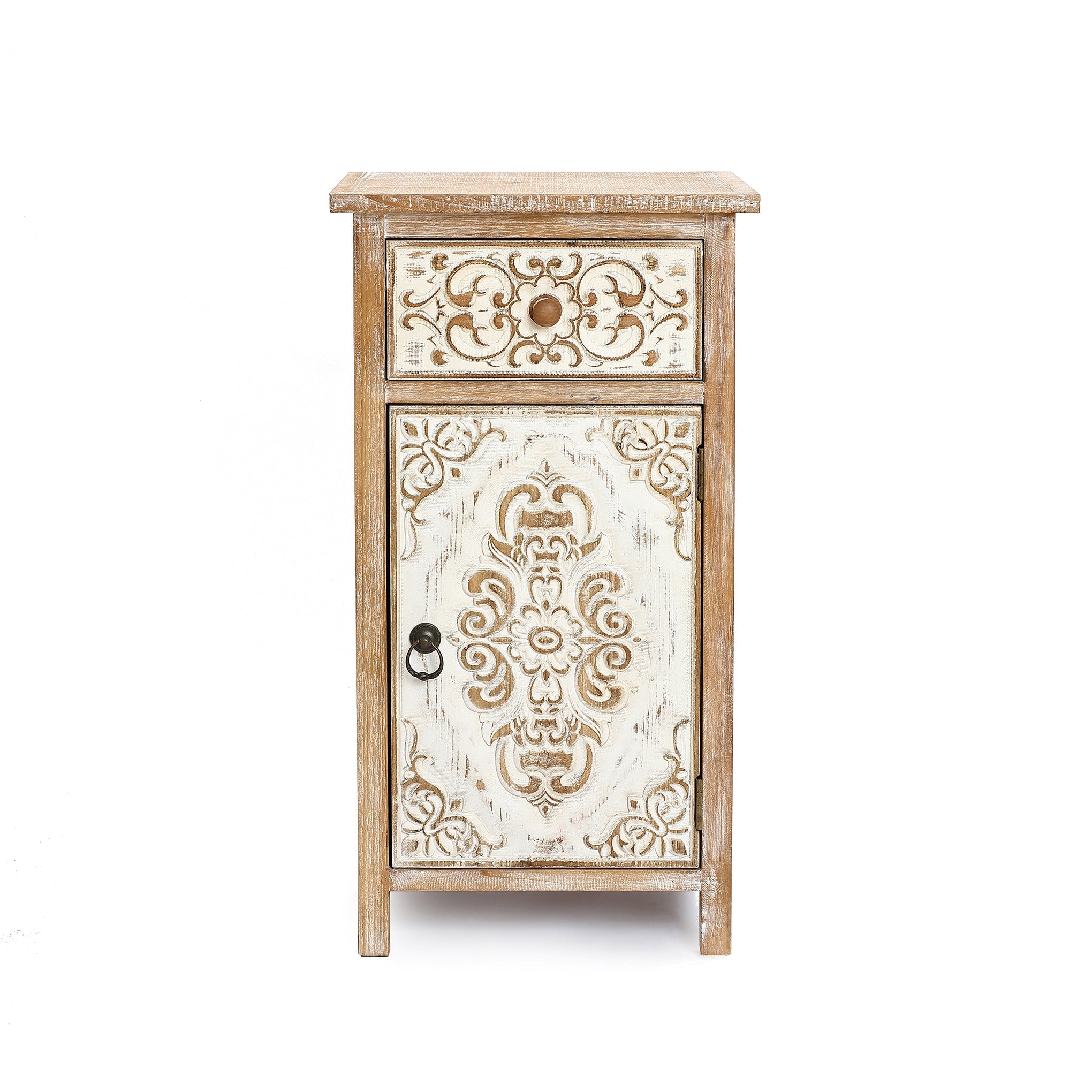 Carved Wood Accent Cabinet, Distressed White, 30"