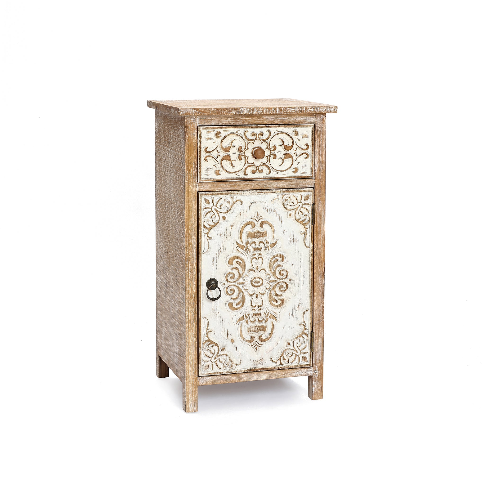 Carved Wood Accent Cabinet, Distressed White, 30"