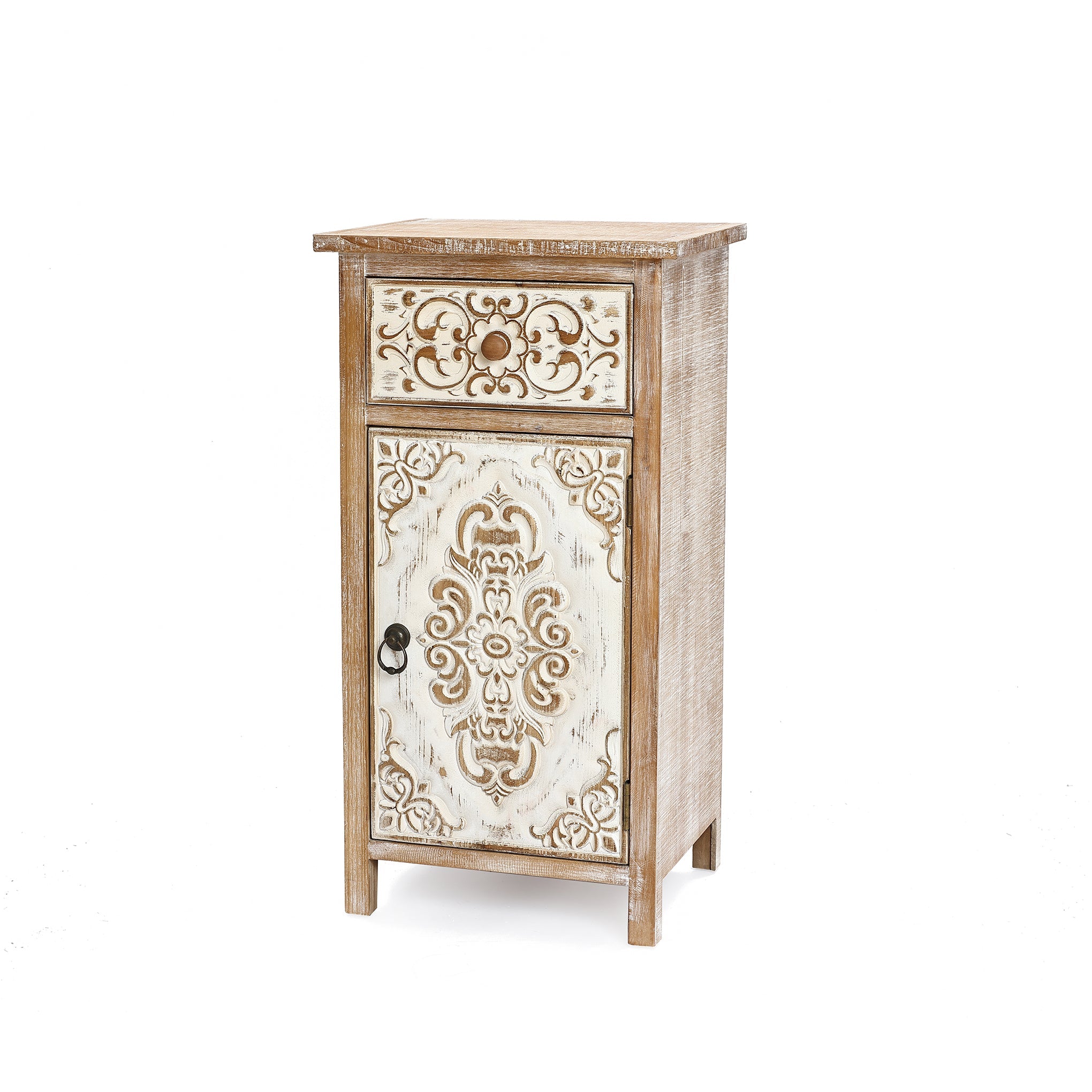 Carved Wood Accent Cabinet, Distressed White, 30"