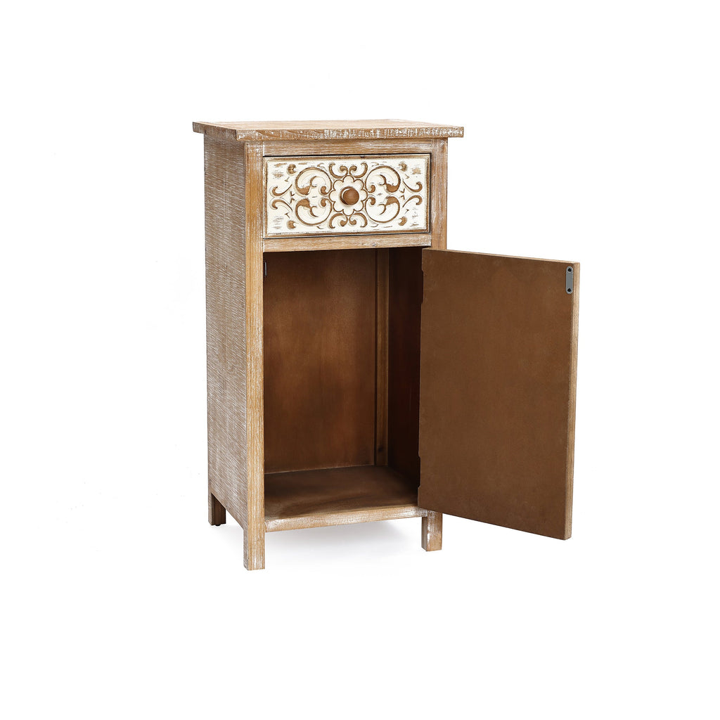 Carved Wood Accent Cabinet, Distressed White, 30"