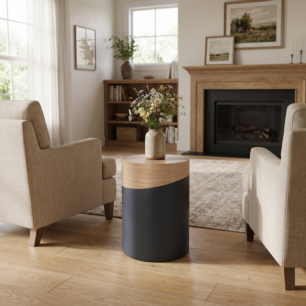 Round Wood & Metal Side Table, 22"