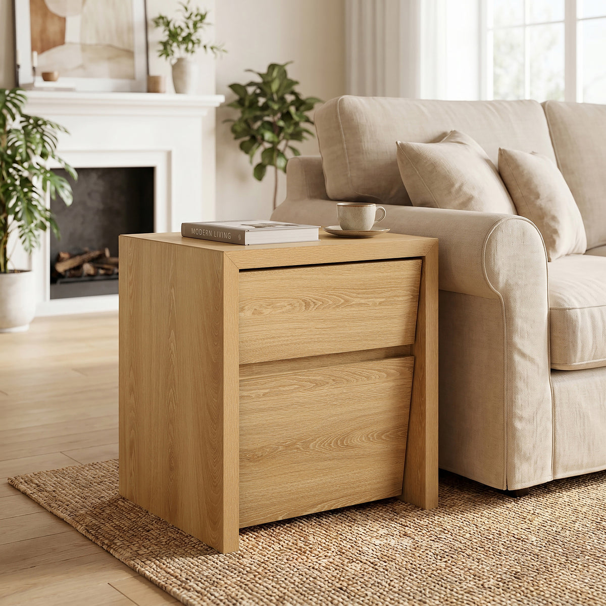 Japandi Wood Side Table Drawer & Open Shelf
