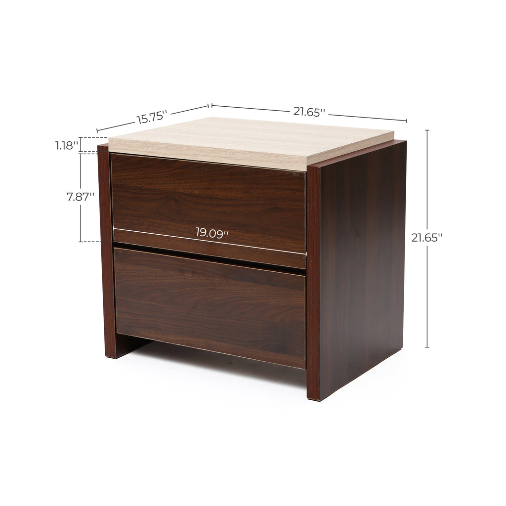 Travertine-Effect Walnut Side Table 2-Drawer
