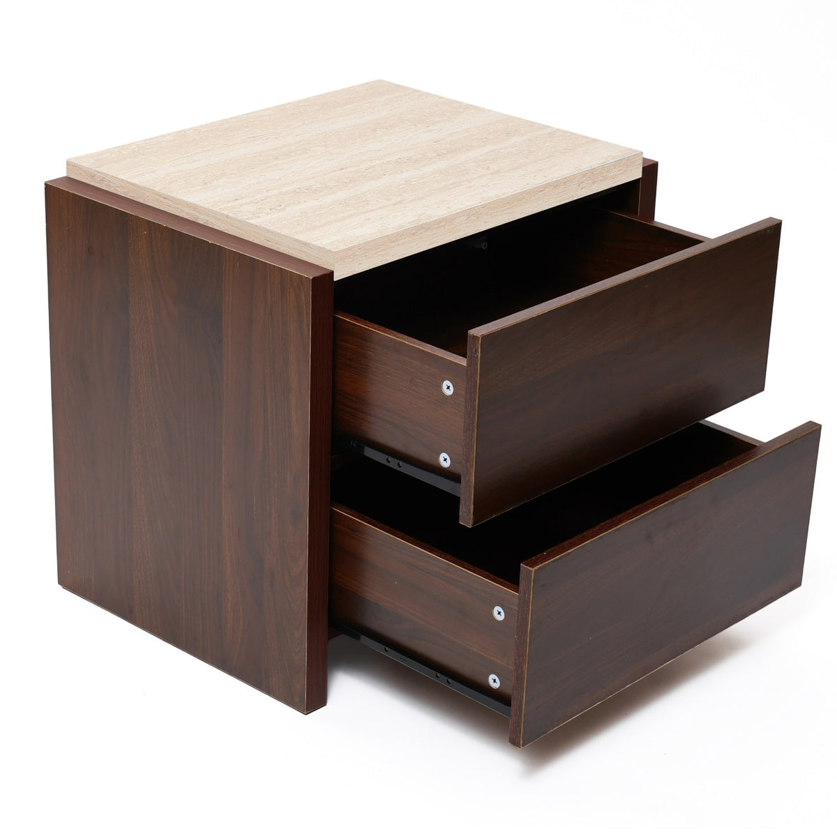 Travertine-Effect Walnut Side Table 2-Drawer
