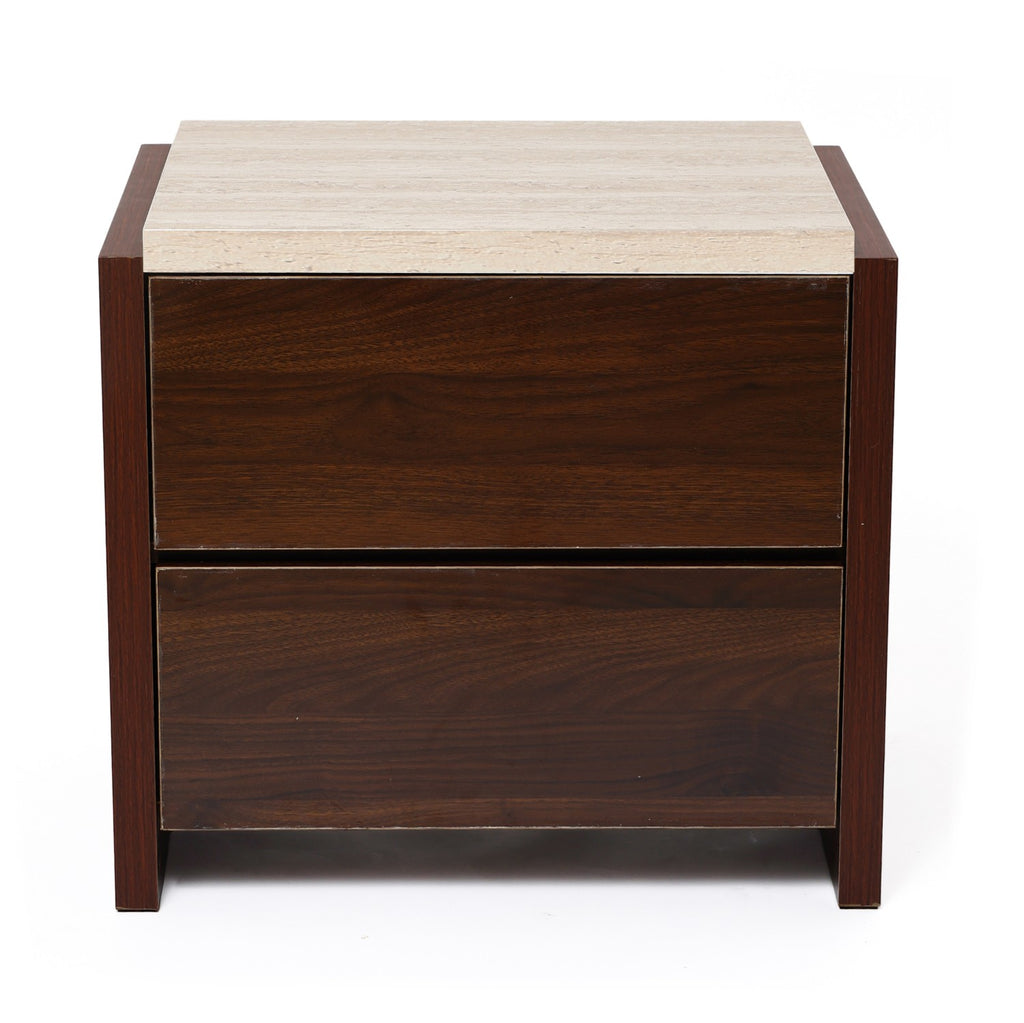 Travertine-Effect Walnut Side Table 2-Drawer