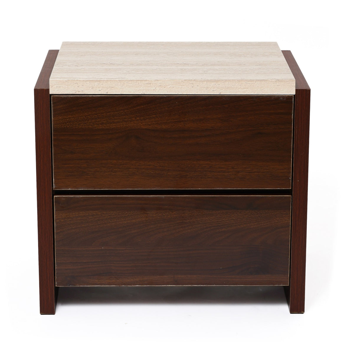 Travertine-Effect Walnut Side Table 2-Drawer