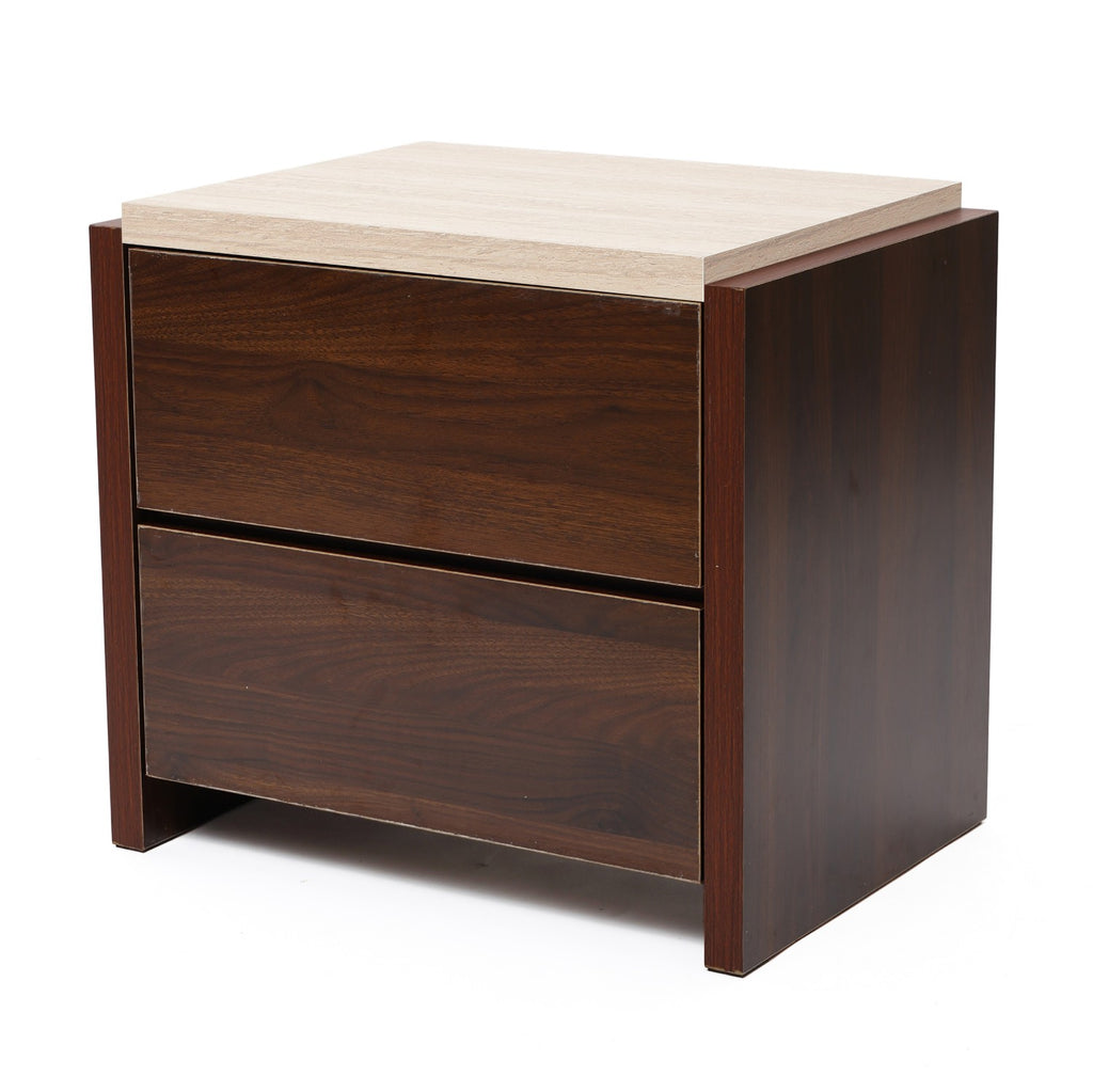 Travertine-Effect Walnut Side Table 2-Drawer