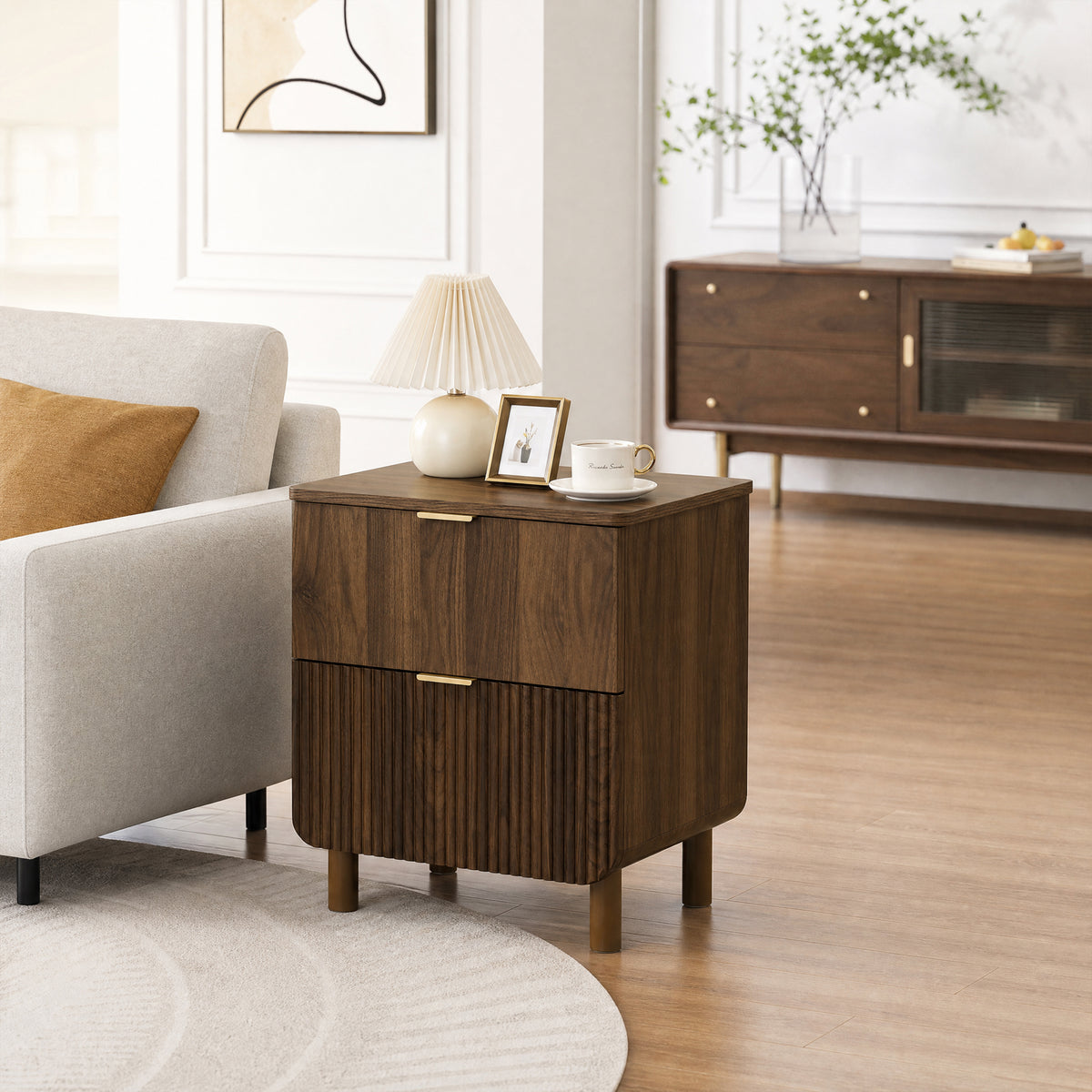 Walnut 2-Drawer Side Table Solid Wood Legs Mid-Century