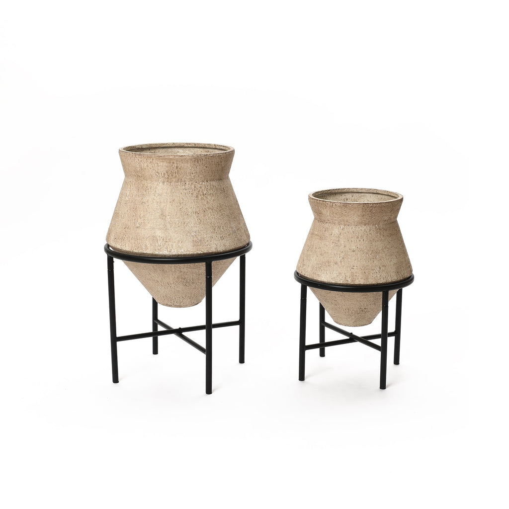 Metal Cachepot Cauldron Set, Beige, 13" & 16"