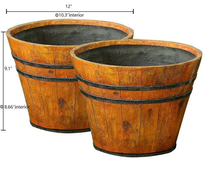 Set of 2 Farmhouse Faux Wood Barrel MgO Planters