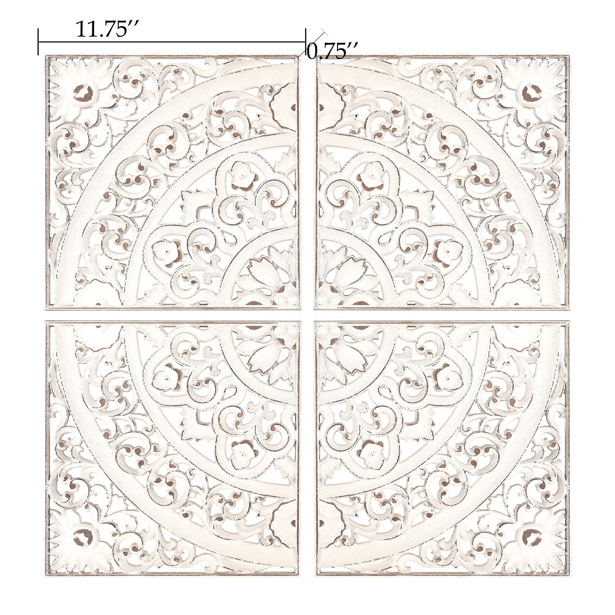 Set of 4 Distressed White Wood Flower Mandala Wall Decor