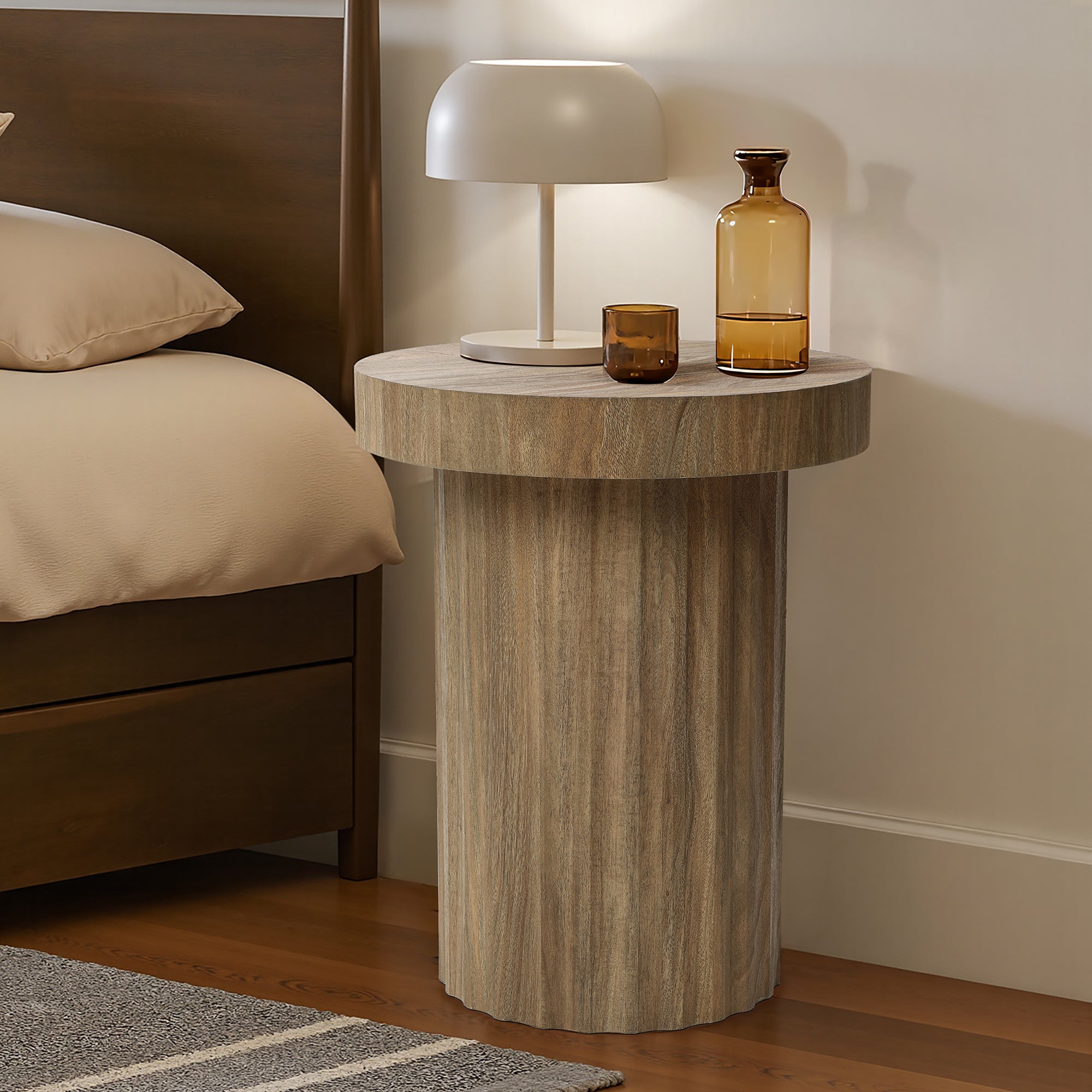 Dark Oak Finish Manufactured Wood Fluted Round Side Table