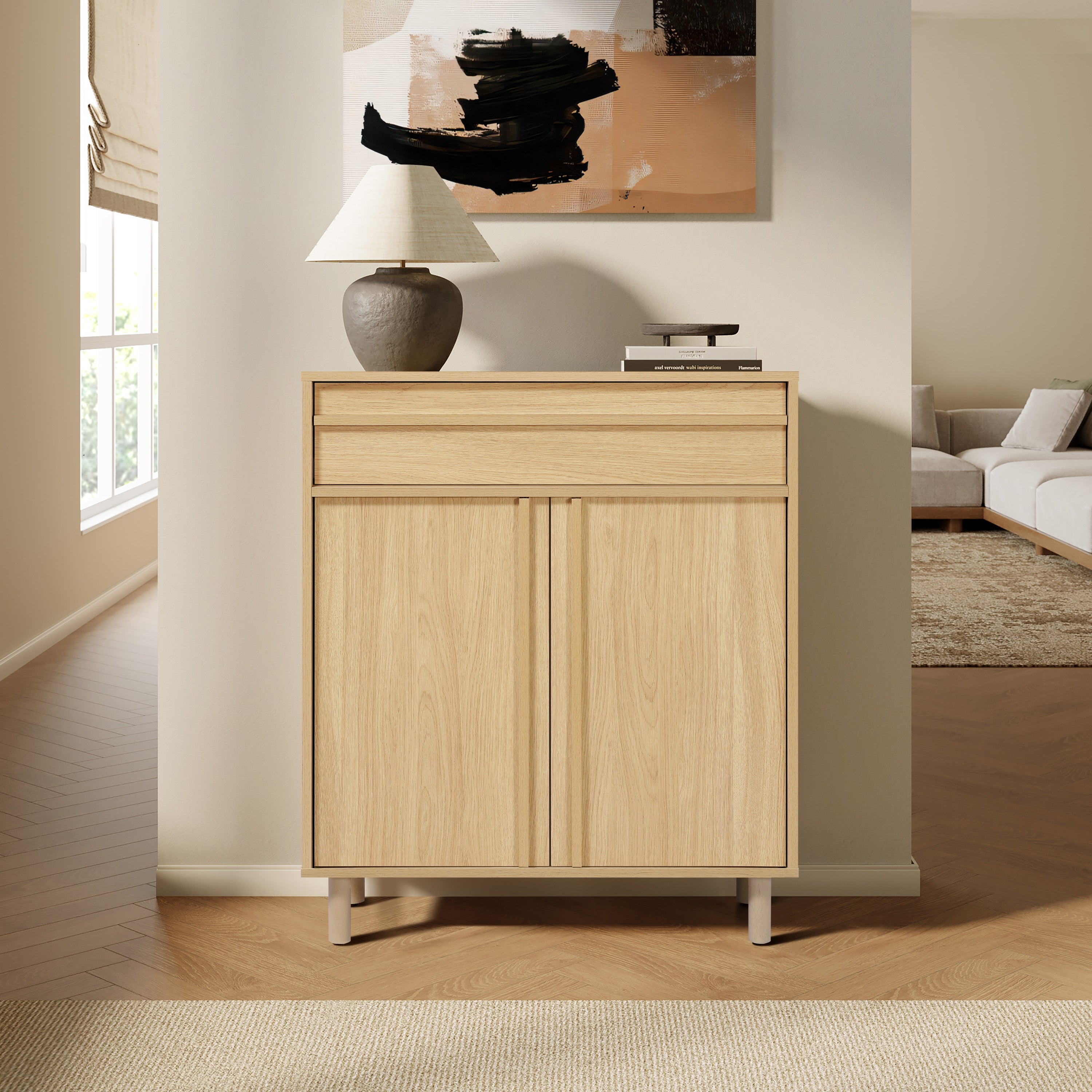 31.5” Hazel Oak Manufactured Wood Storage Cabinet with Rubberwood Legs