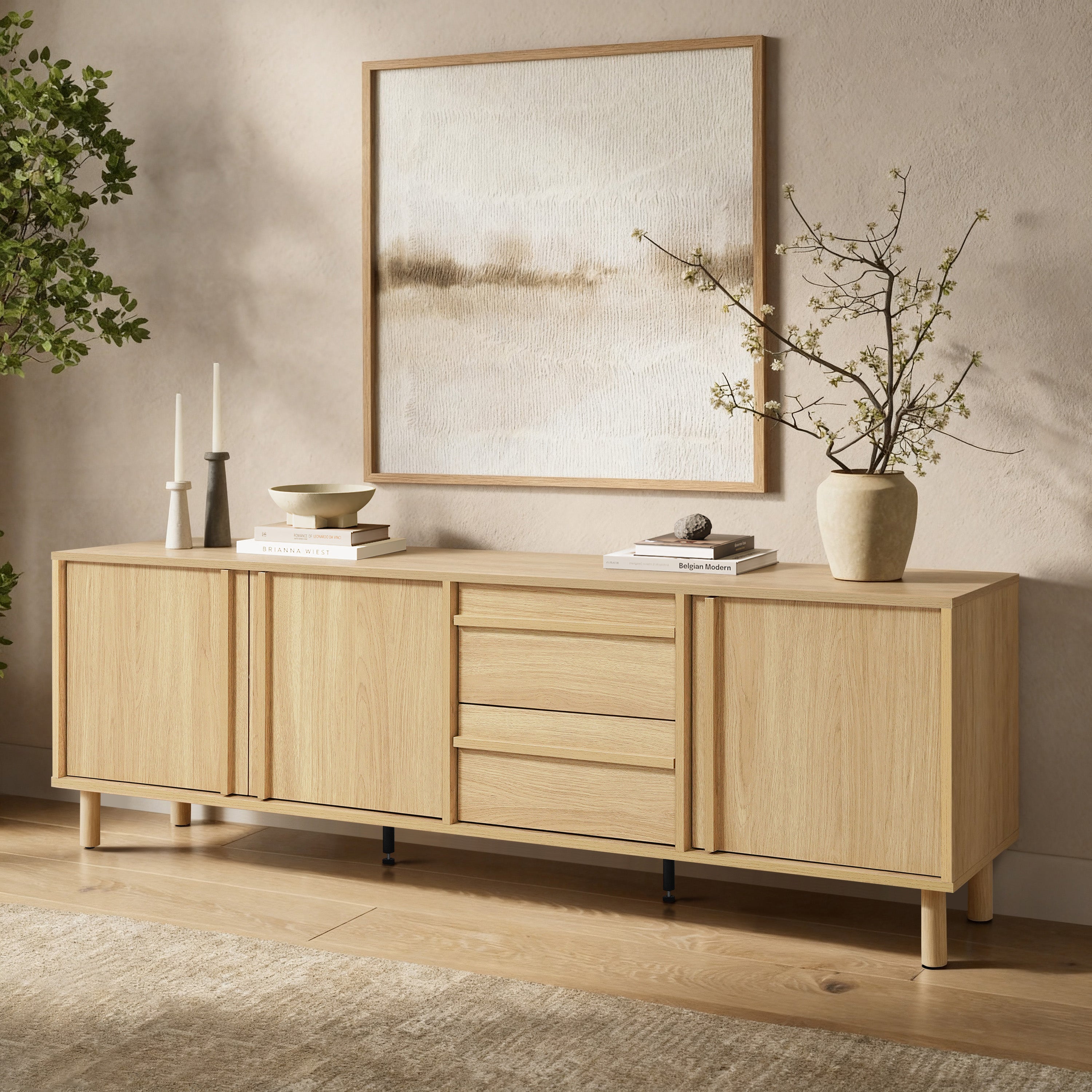 Hazel Oak Manufactured Wood TV Console with Storage & Rubberwood Legs