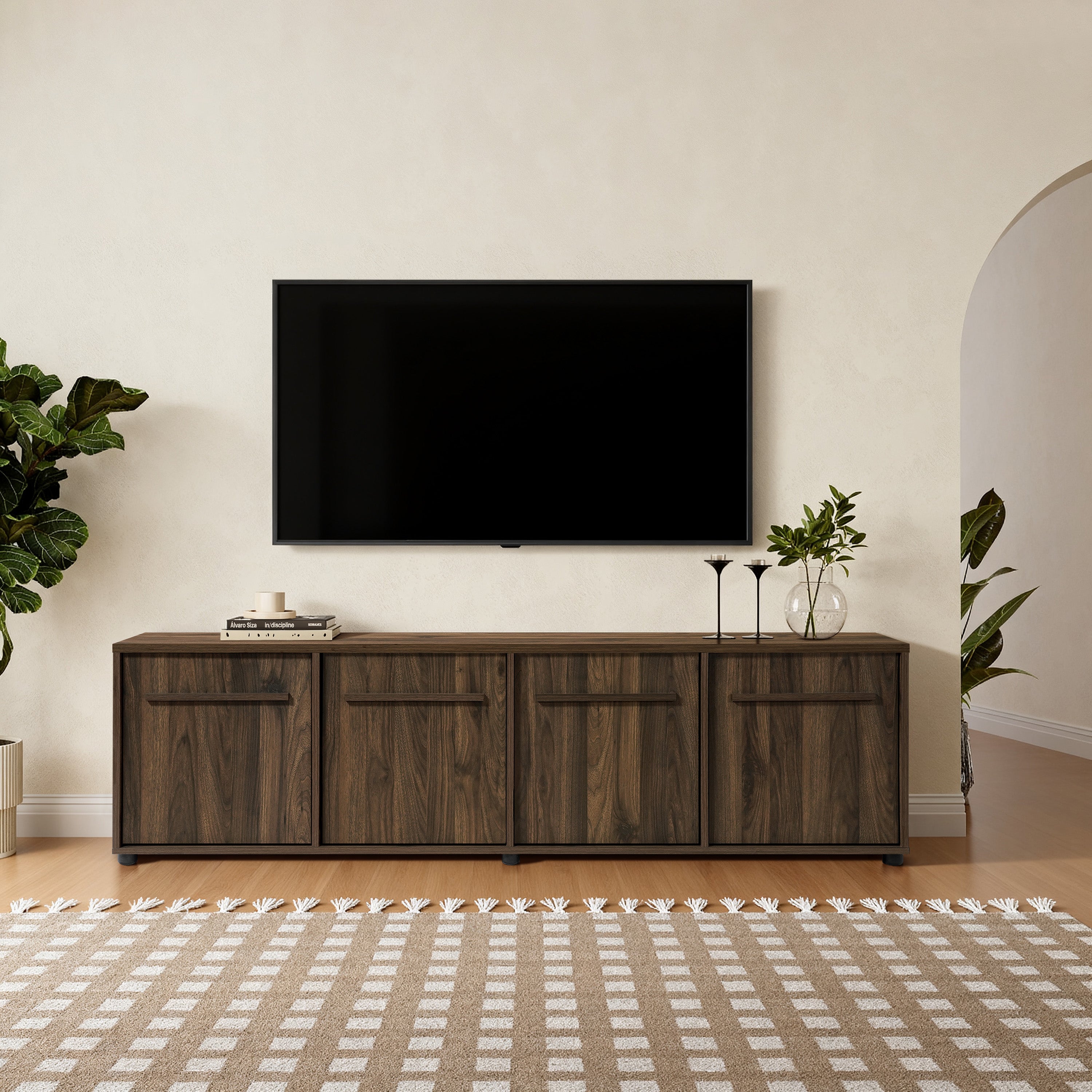 71” Wide Walnut TV Console, Media Stand with 4 Doors, Durable Manufactured Wood