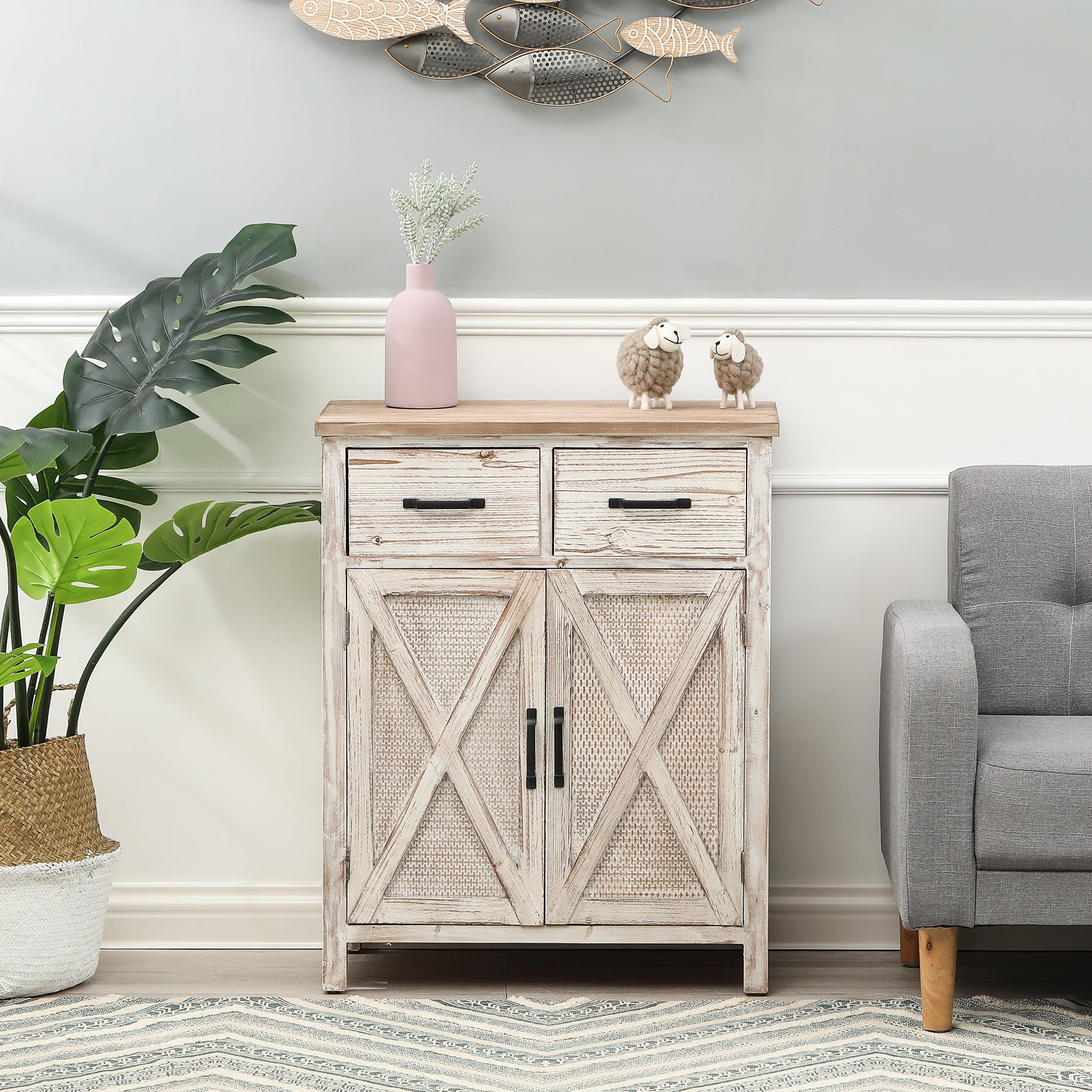 Farmhouse White and Natural Wood 2-Drawer 2-Door Storage Cabinet