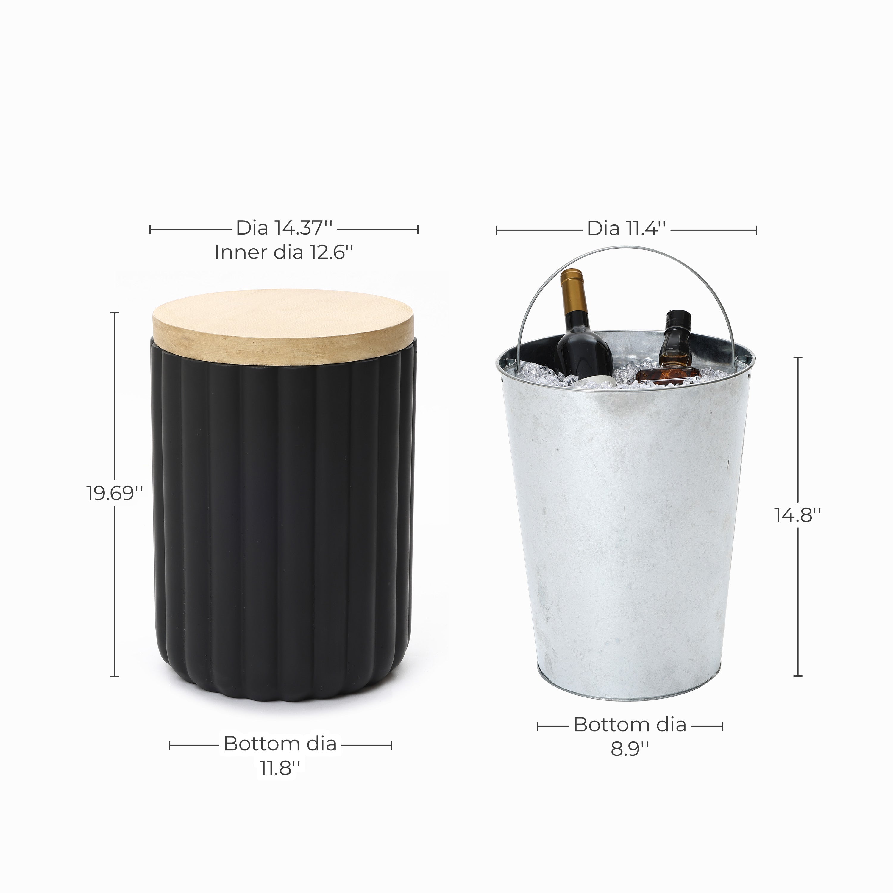 2-in-1 Outdoor Patio Fluted MgO Storage Side Table with Ice Bucket, Black