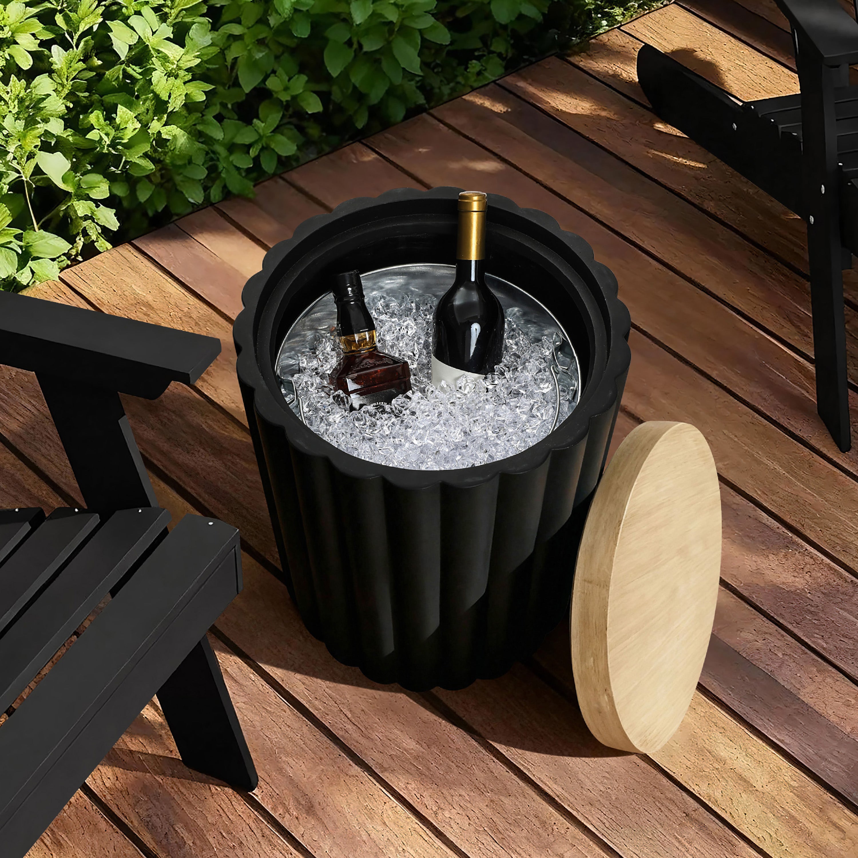 2-in-1 Outdoor Patio Fluted MgO Storage Side Table with Ice Bucket, Black