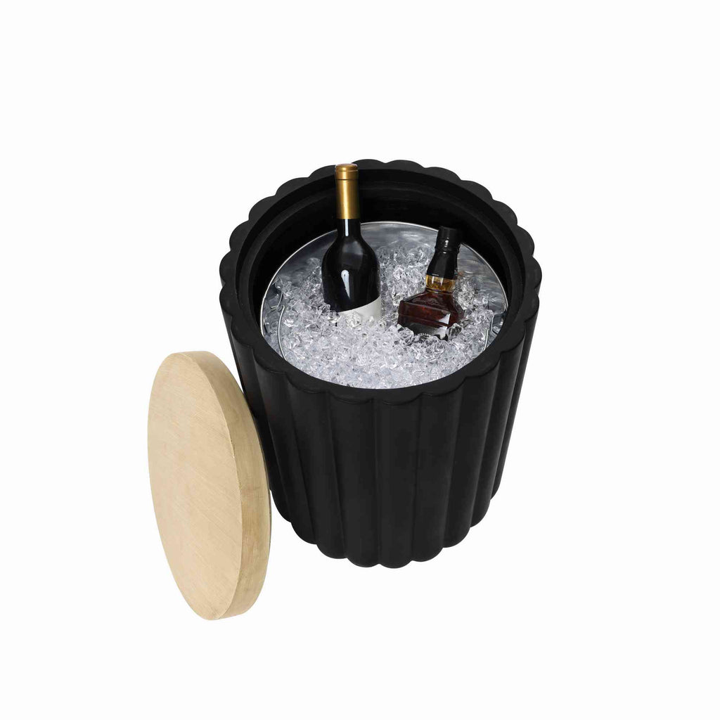 2-in-1 Outdoor Patio Fluted MgO Storage Side Table with Ice Bucket, Black