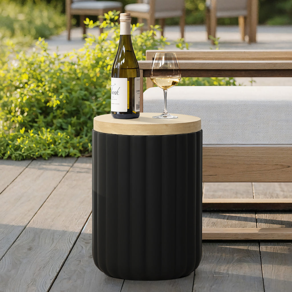 2-in-1 Outdoor Patio Fluted MgO Storage Side Table with Ice Bucket, Black