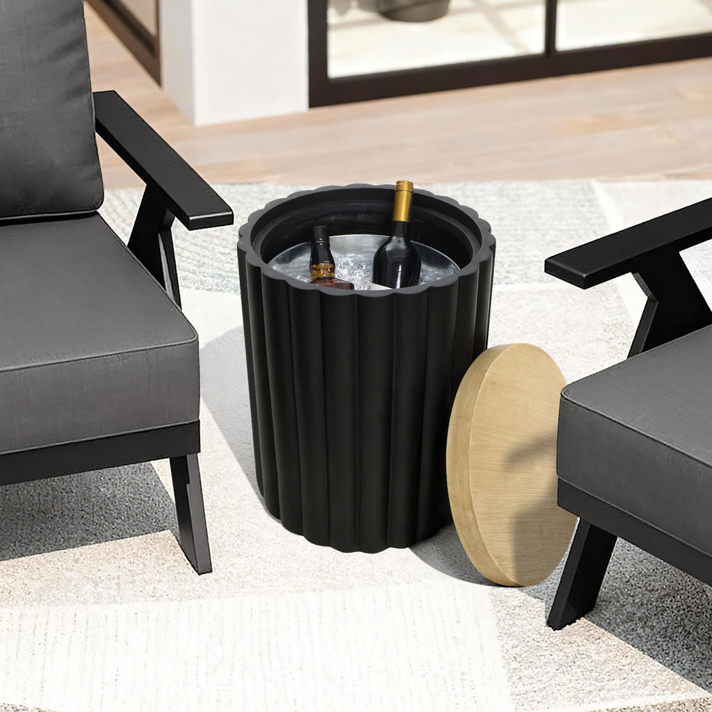 2-in-1 Outdoor Patio Fluted MgO Storage Side Table with Ice Bucket, Black
