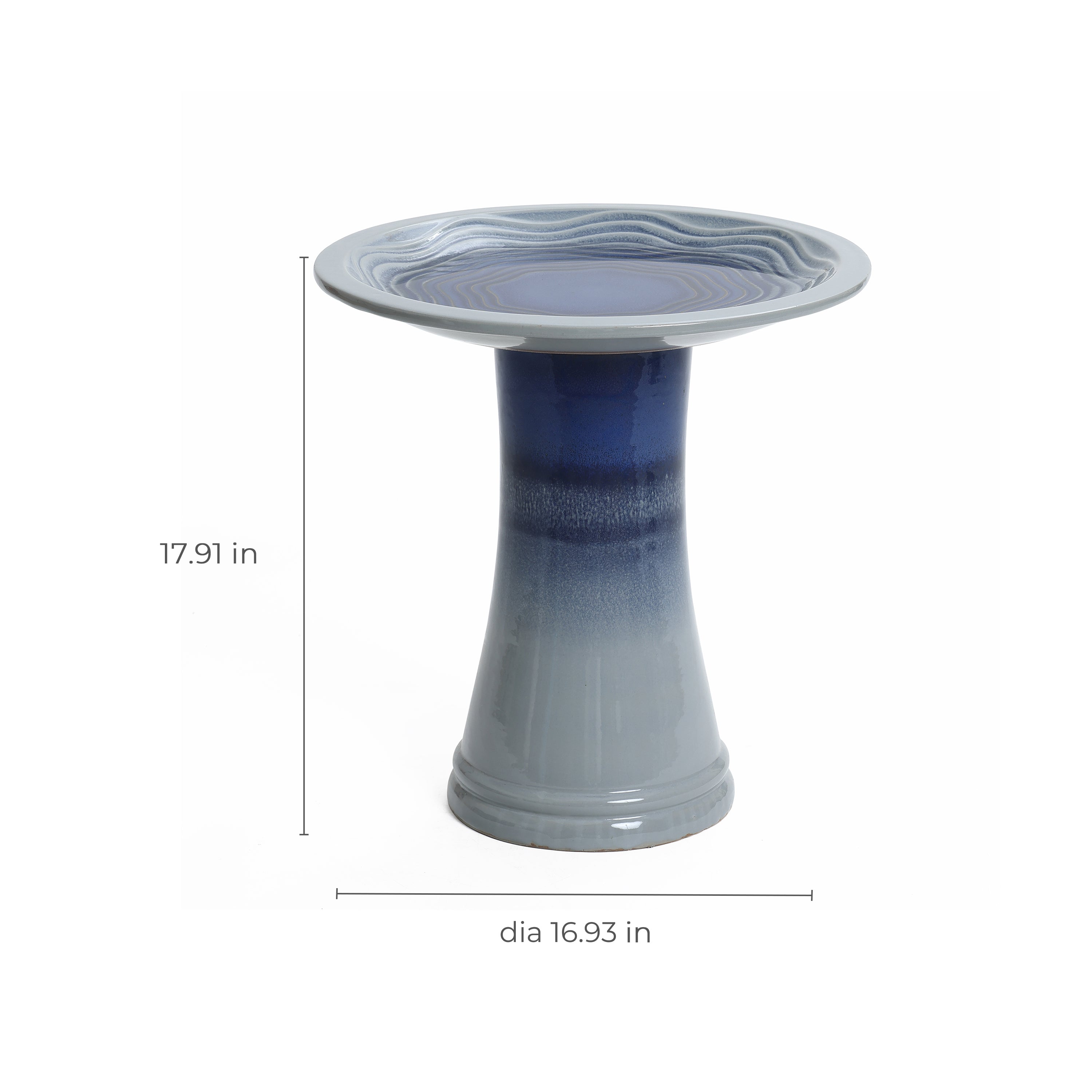 Dark Blue Waves Glazed Ceramic Pedestal Birdbath, 18"