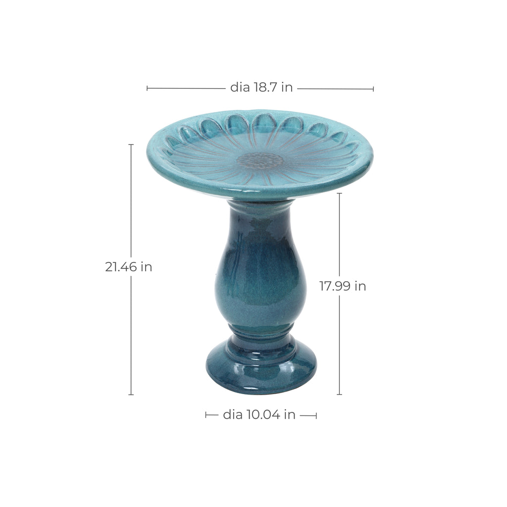 Blue Green Glazed Ceramic Pedestal Birdbath, 26.5"