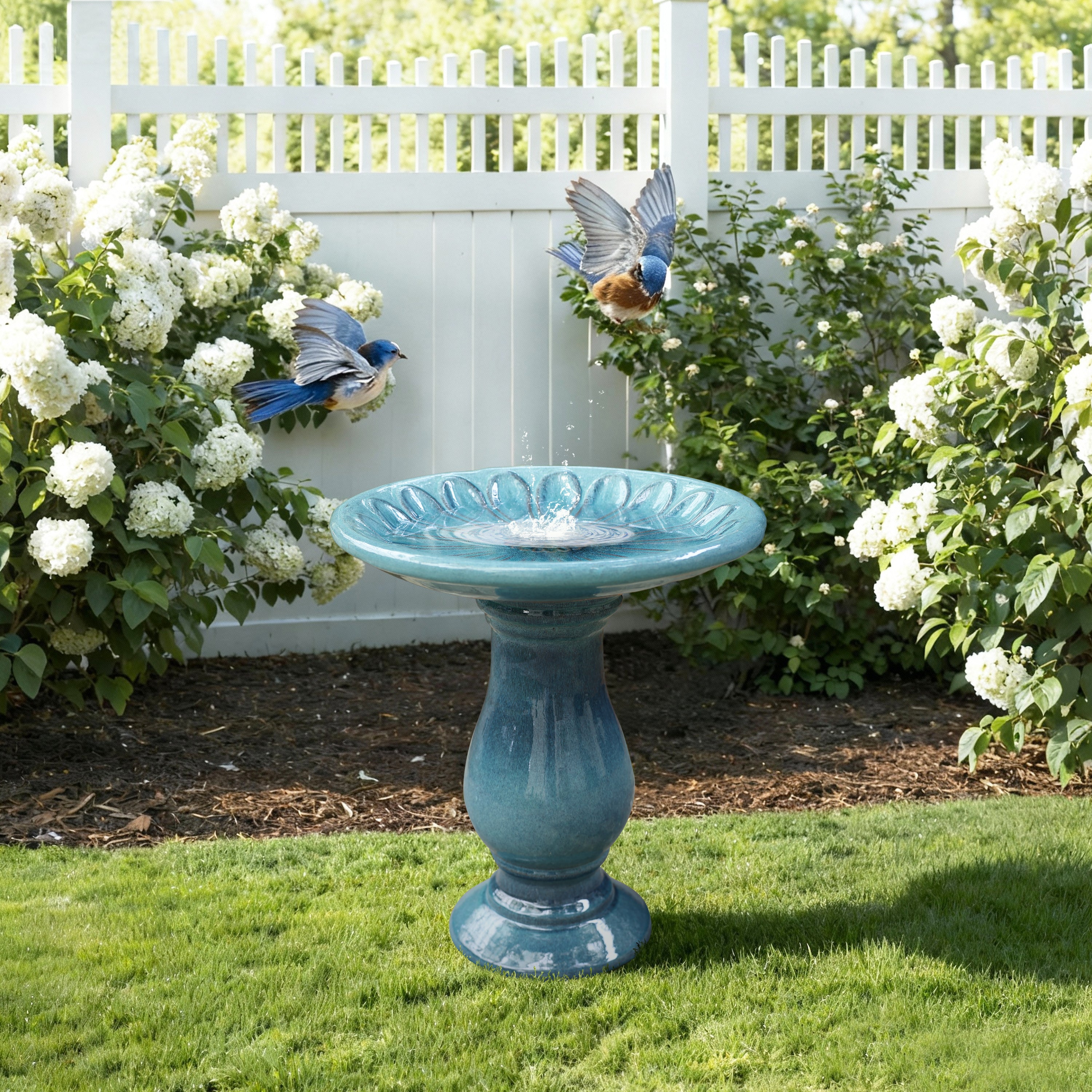 Blue Green Glazed Ceramic Pedestal Birdbath, 26.5"