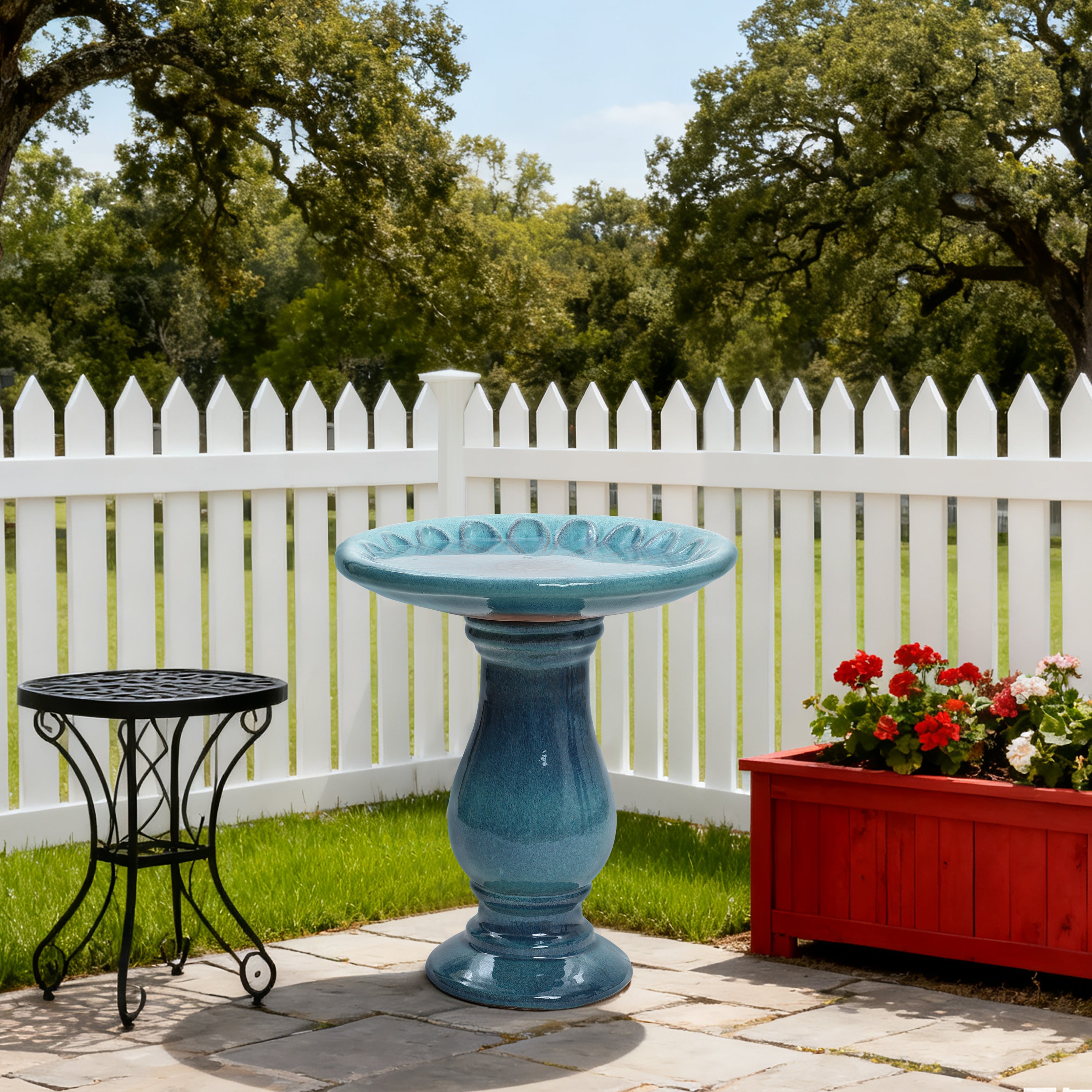 Blue Green Glazed Ceramic Pedestal Birdbath, 26.5"