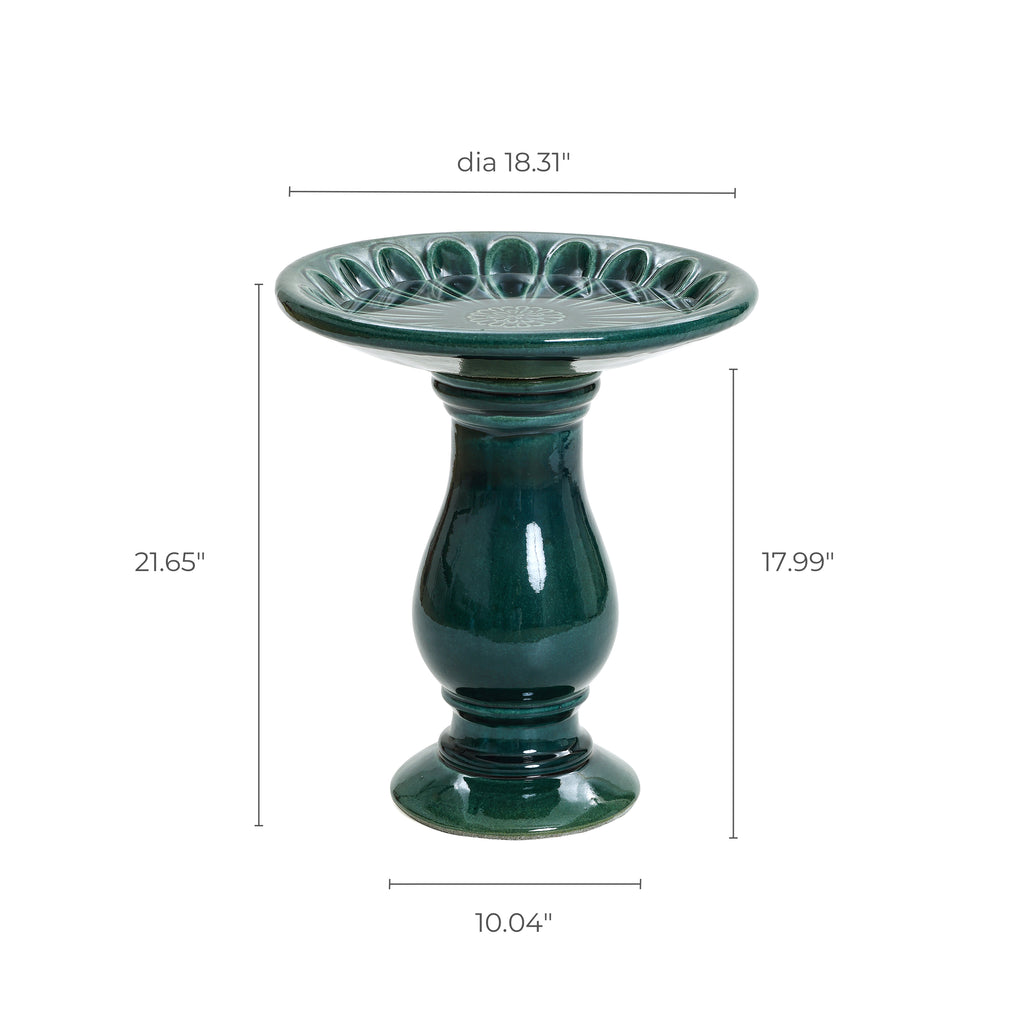 Dark Green Flower Ceramic Pedestal Birdbath, 21.65"