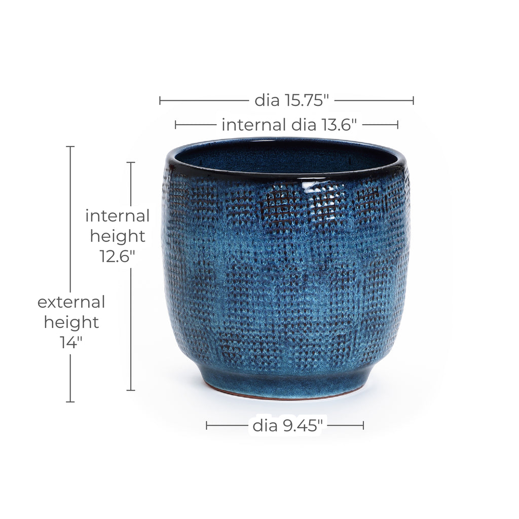 Weave Round Textured Ceramic Planter, Indigo Blue, 14"