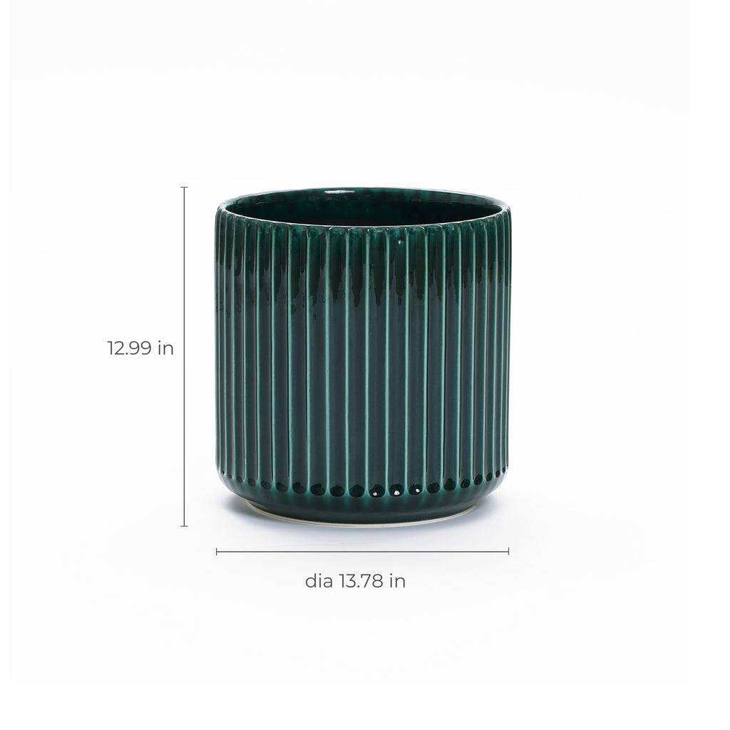 Jade Green Ribbed Ceramic Indoor Outdoor Garden Planter, 13.8"