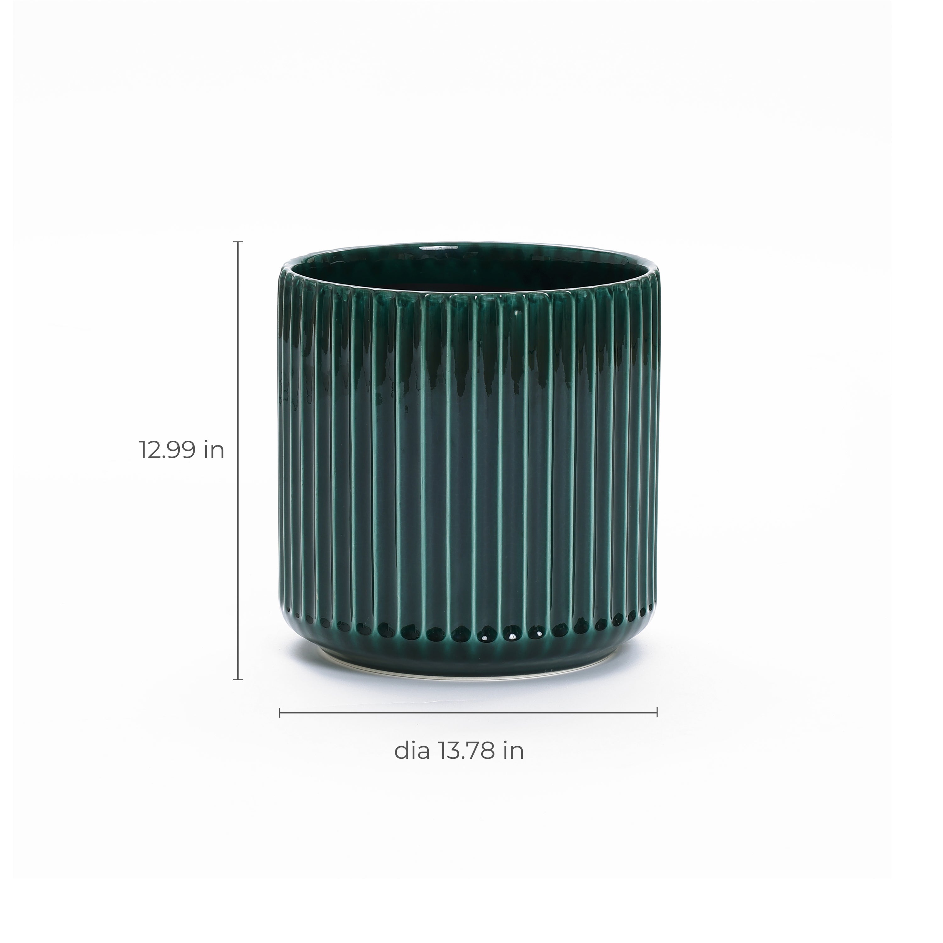Jade Green Ribbed Ceramic Indoor Outdoor Garden Planter, 13.8"