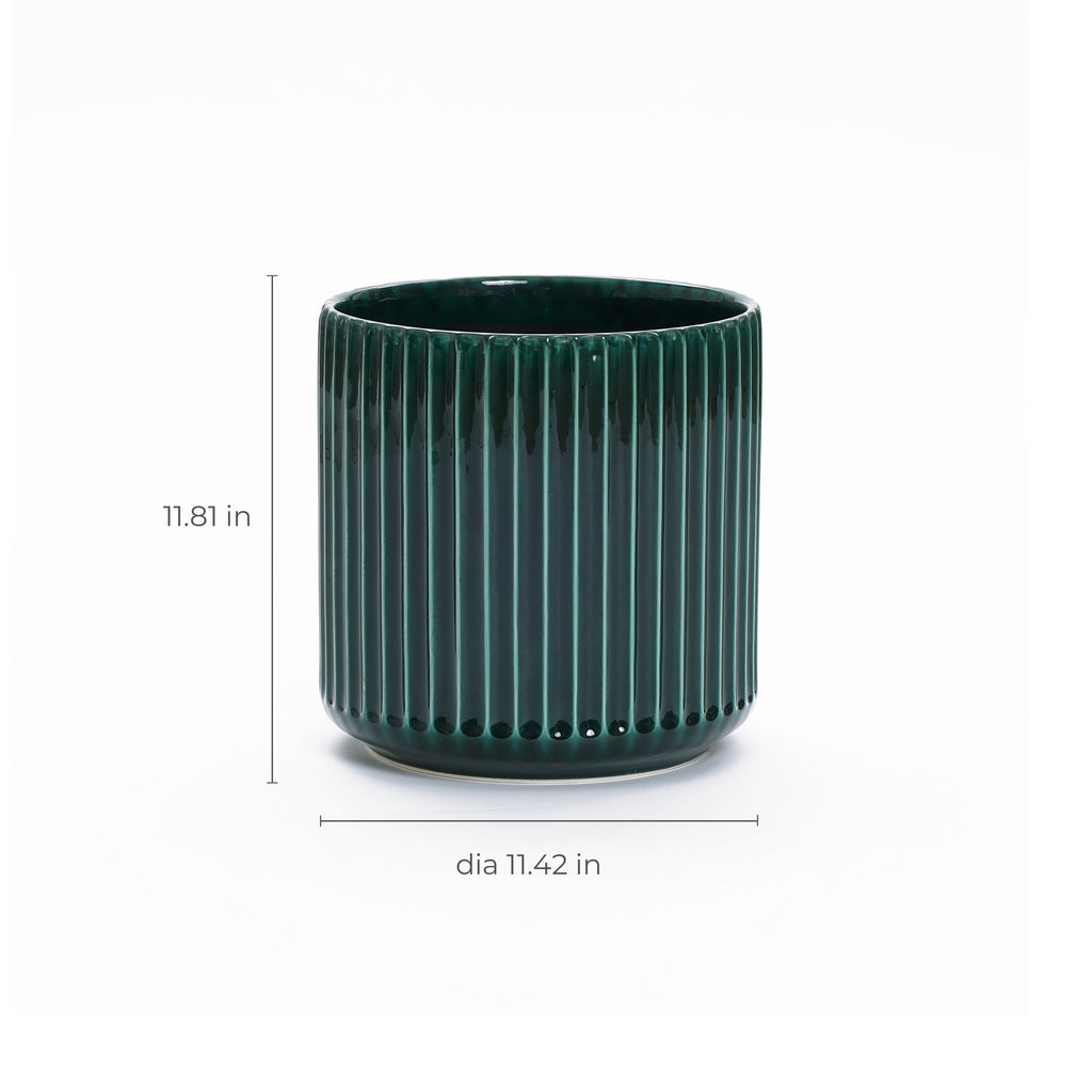 Jade Green Ribbed Tabletop Decorative Ceramic Planter, 11.4"