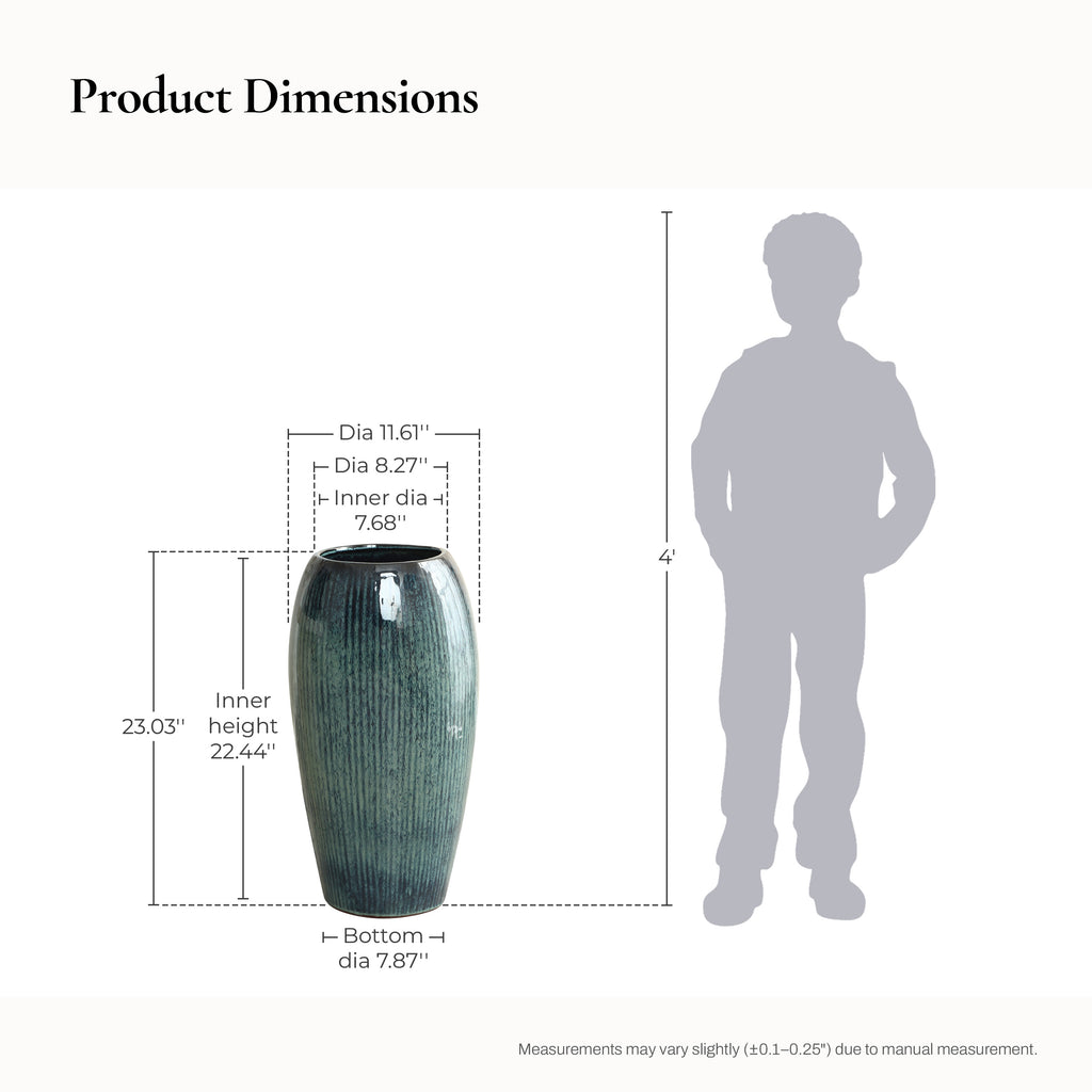Blue Ceramic Tall Round Indoor Outdoor Planter Pot, 23"