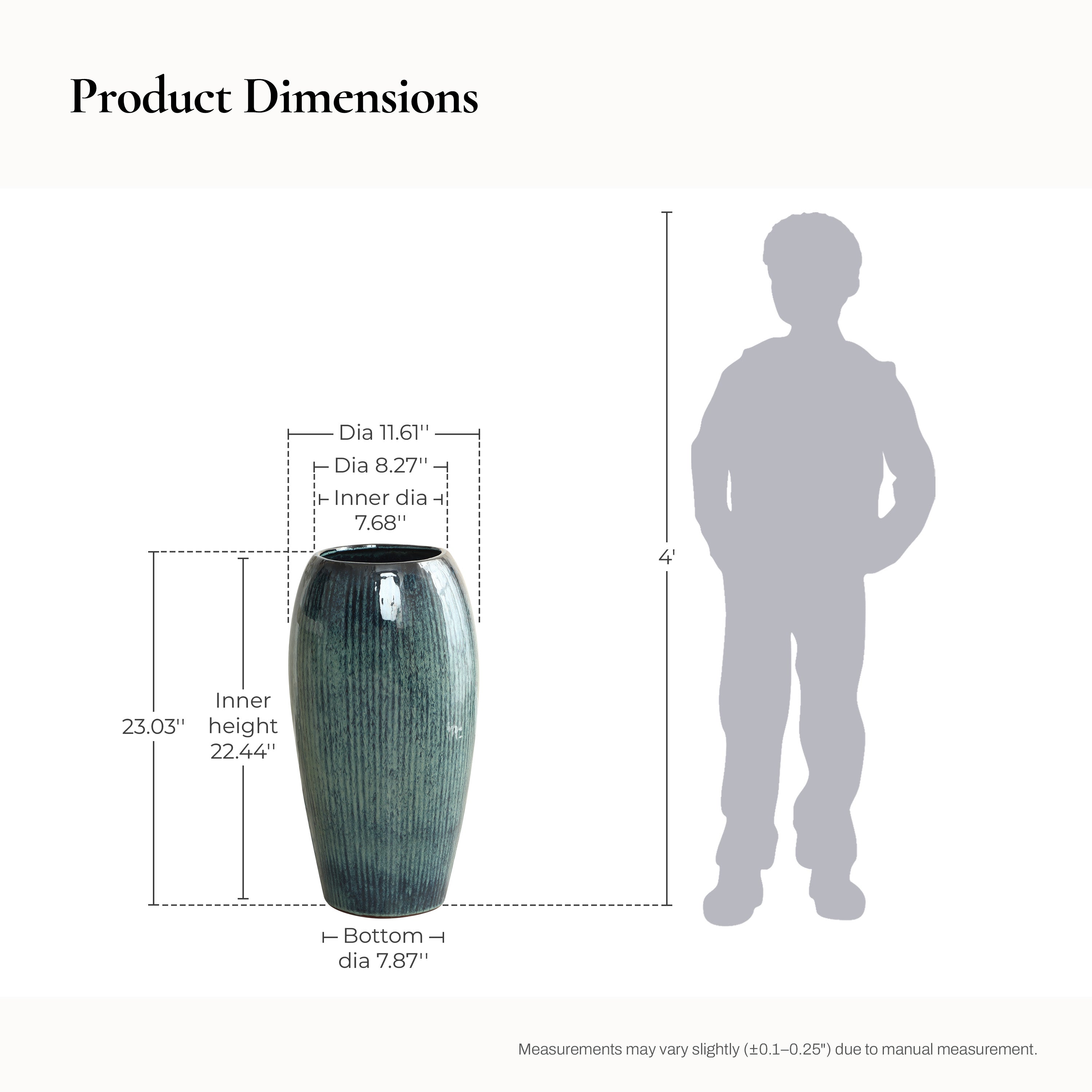 Blue Ceramic Tall Round Indoor Outdoor Planter Pot, 23"