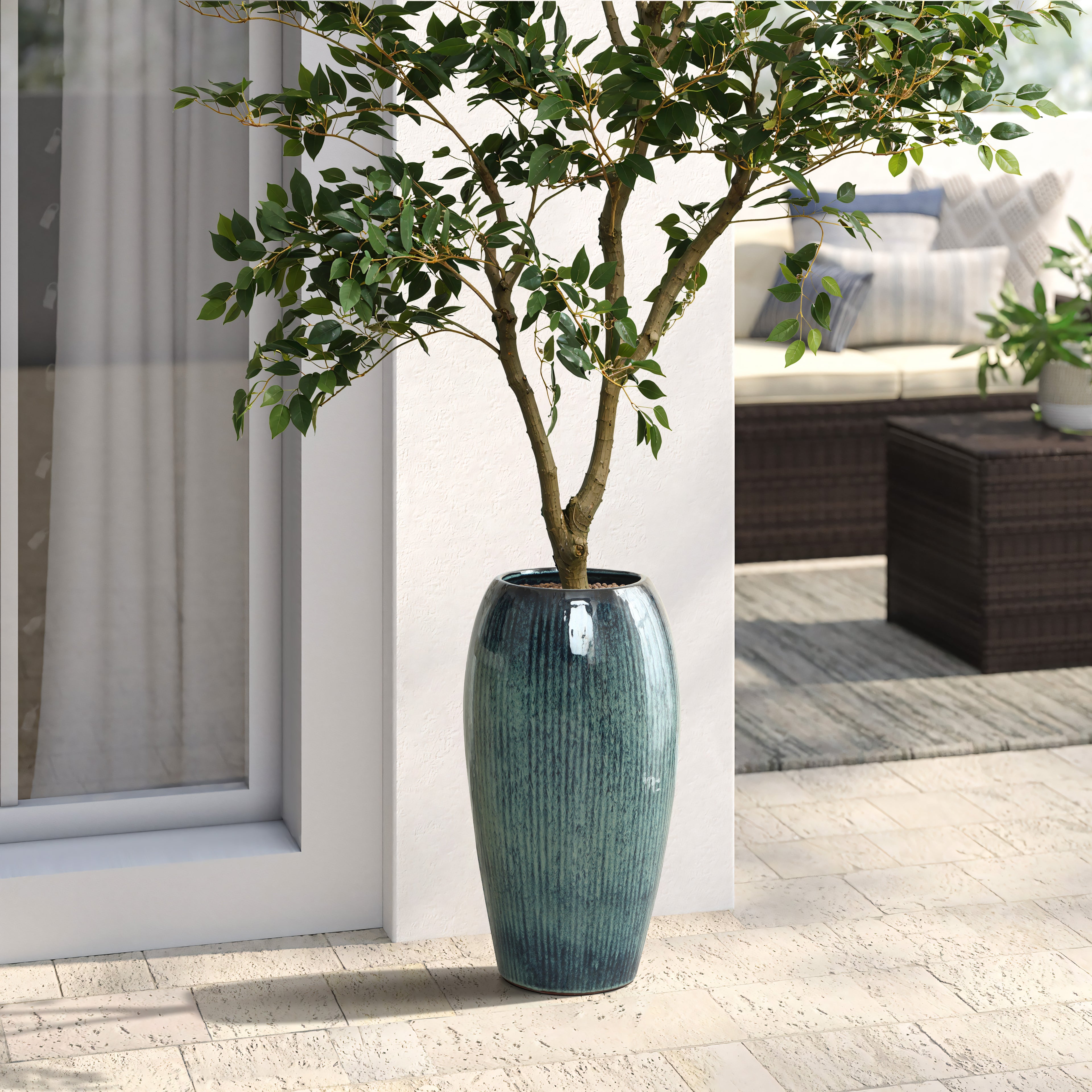 Blue Ceramic Tall Round Indoor Outdoor Planter Pot, 23"