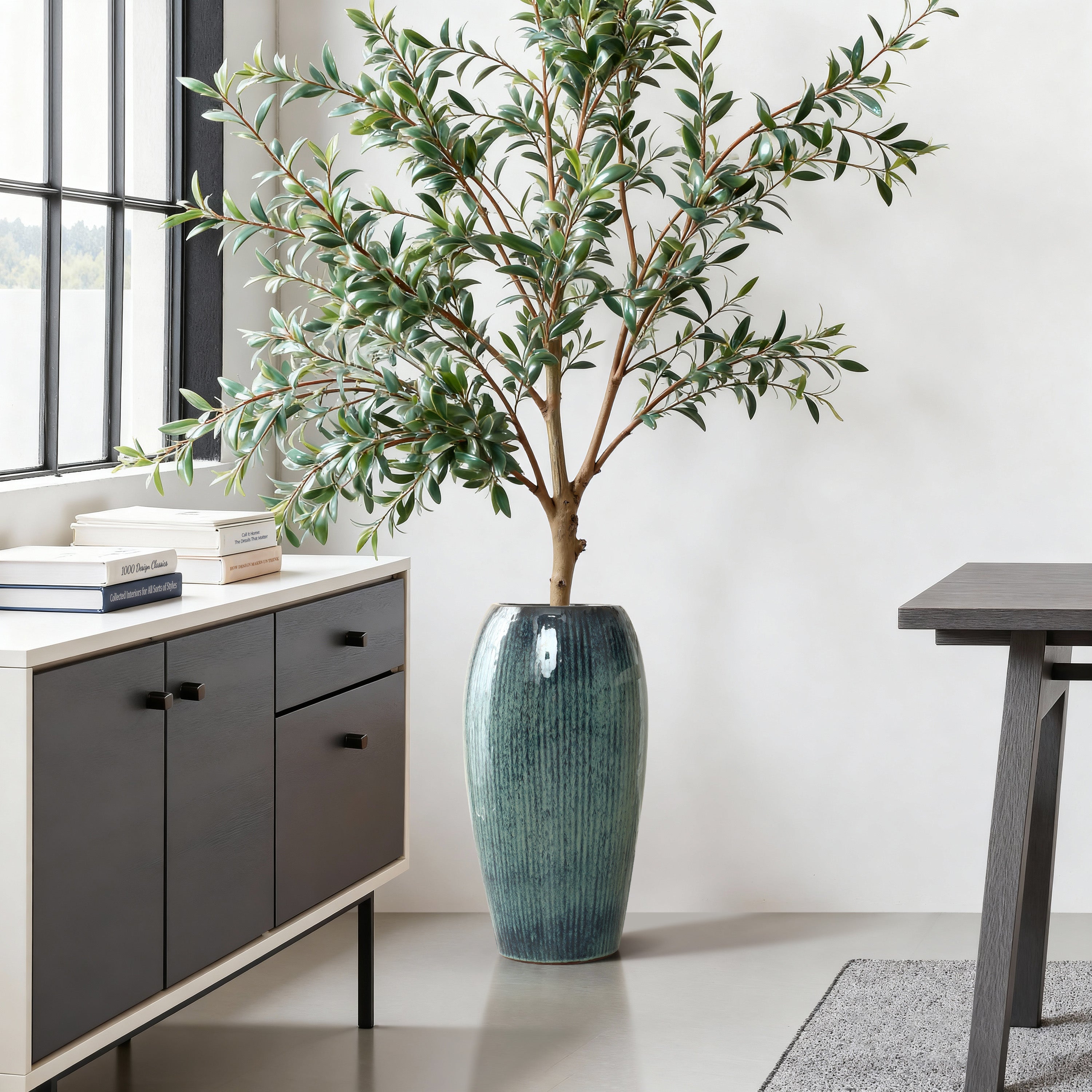 Blue Ceramic Tall Round Indoor Outdoor Planter Pot, 23"