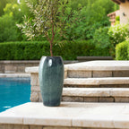 Blue Ceramic Tall Round Indoor Outdoor Planter Pot, 23"
