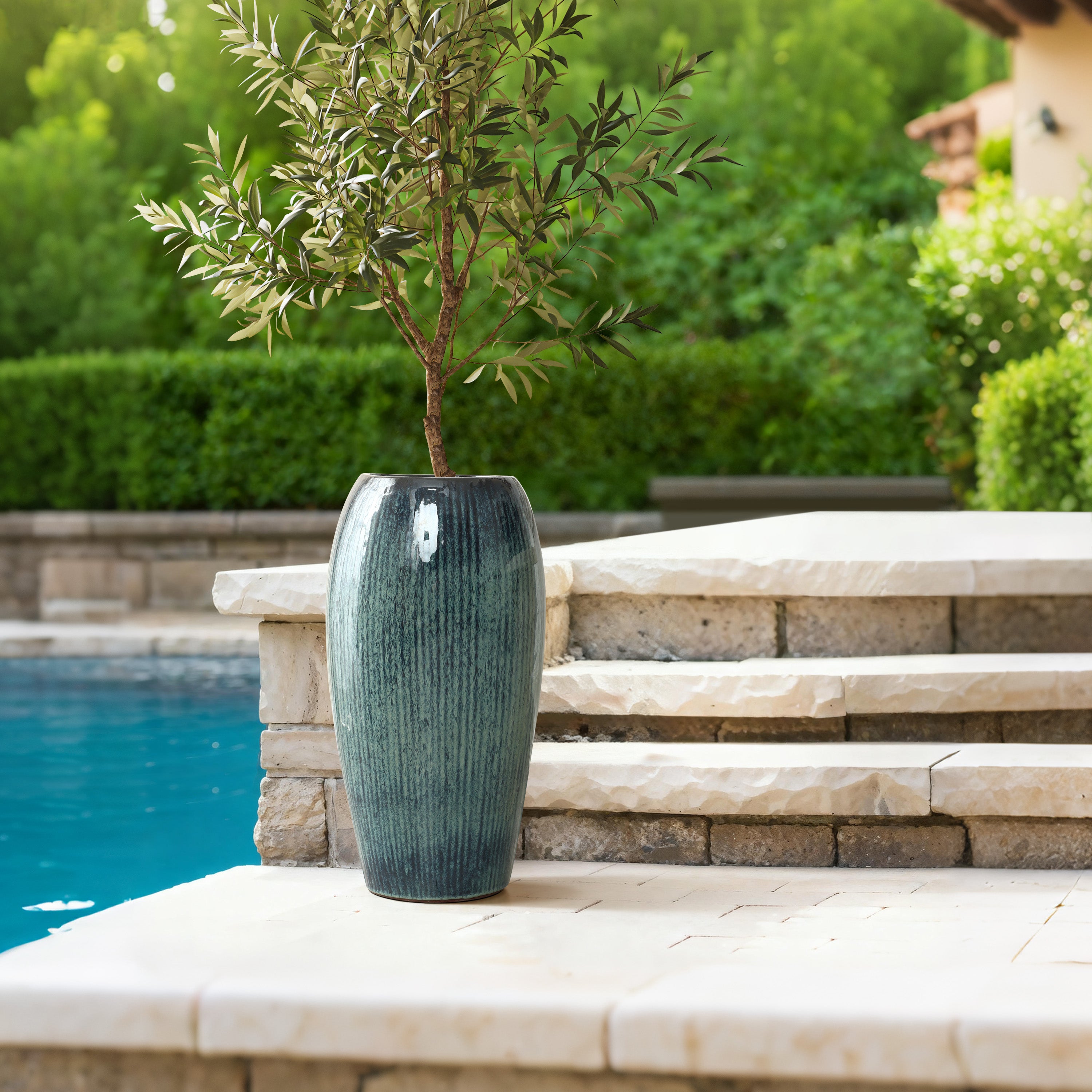 Blue Ceramic Tall Round Indoor Outdoor Planter Pot, 23"