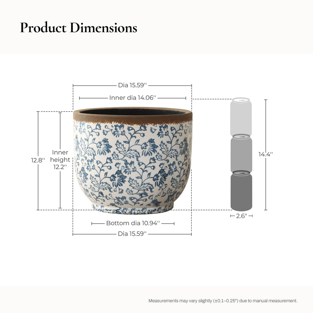 Blue Floral Large Ceramic Indoor Outdoor Garden Planter, 15.4"