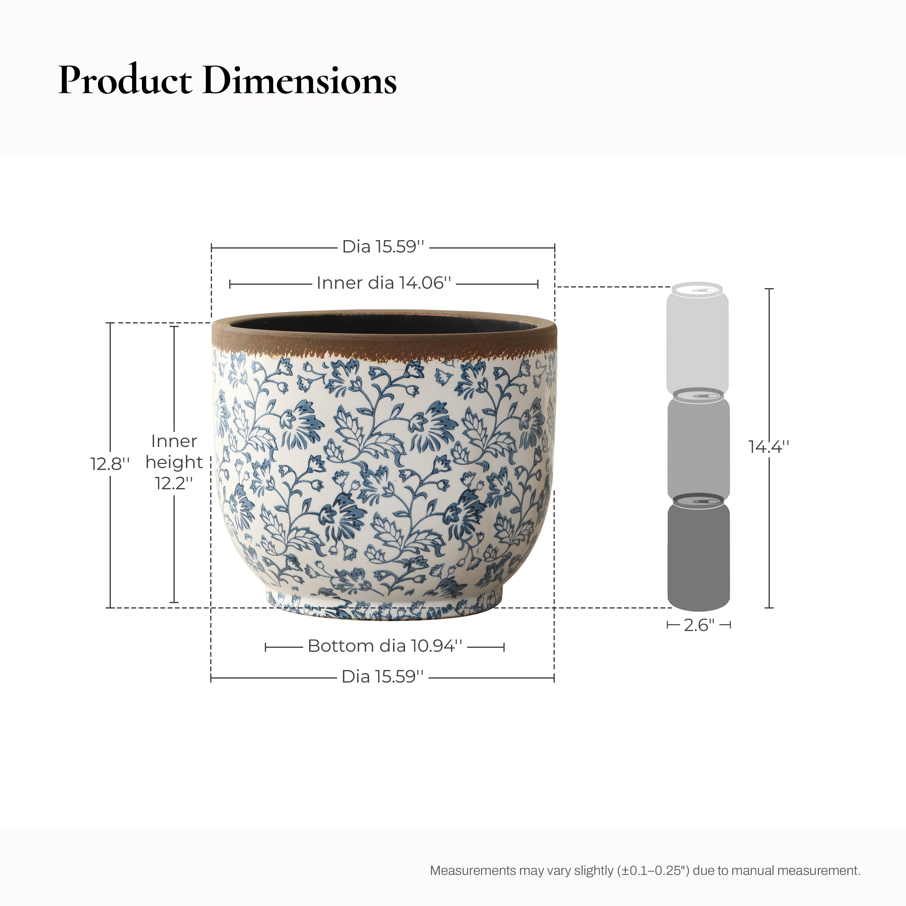 Blue Floral Large Ceramic Indoor Outdoor Garden Planter, 15.4"