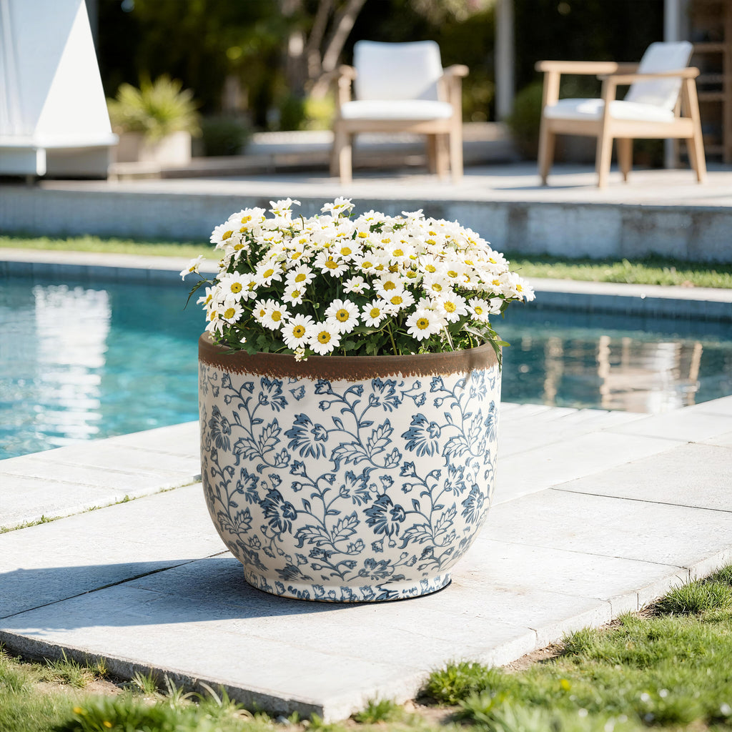 Blue Floral Large Ceramic Indoor Outdoor Garden Planter, 15.4"
