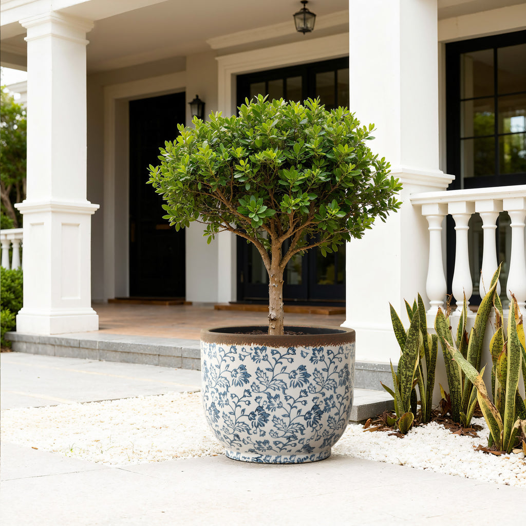 Blue Floral Large Ceramic Indoor Outdoor Garden Planter, 15.4"