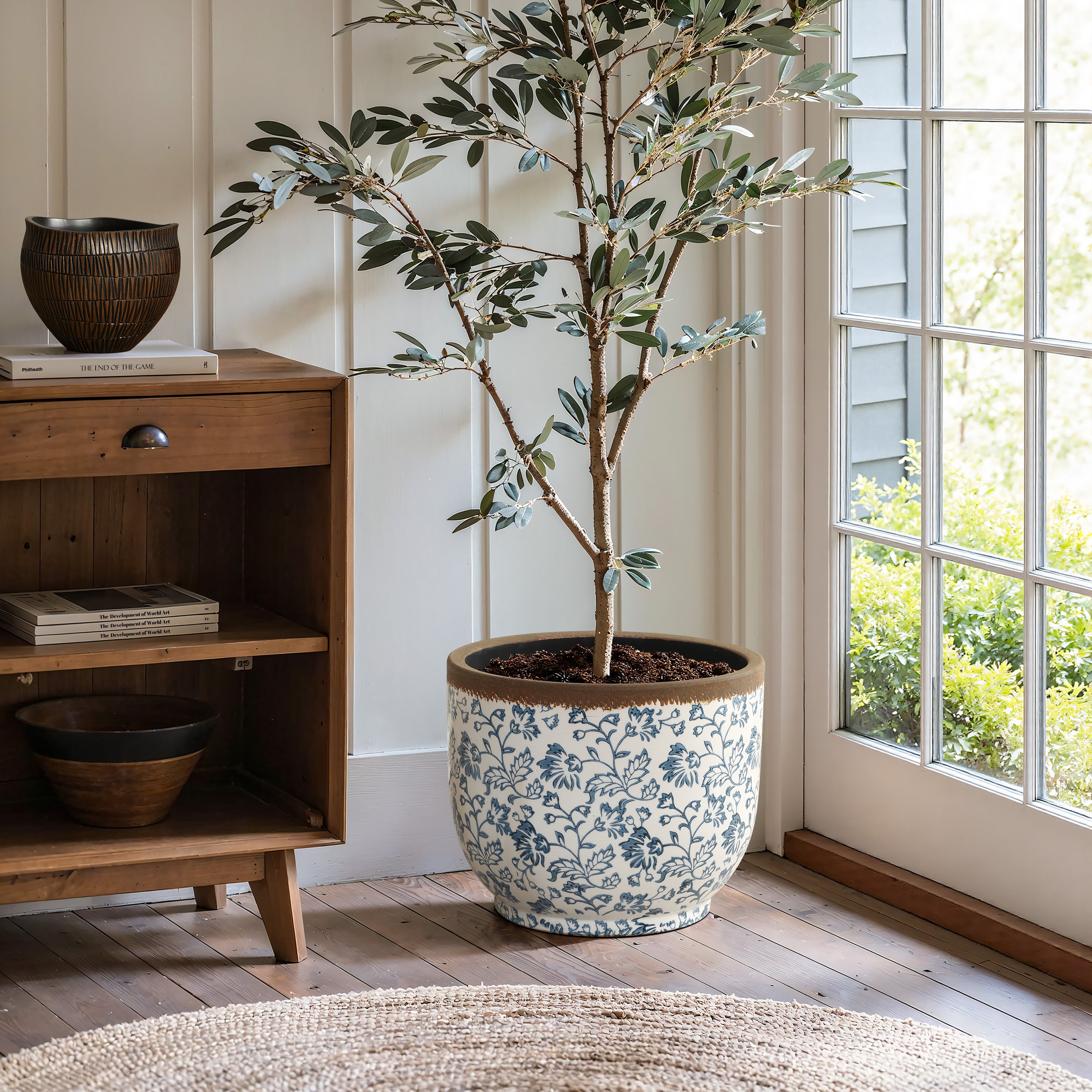 Blue Floral Large Ceramic Indoor Outdoor Garden Planter, 15.4"